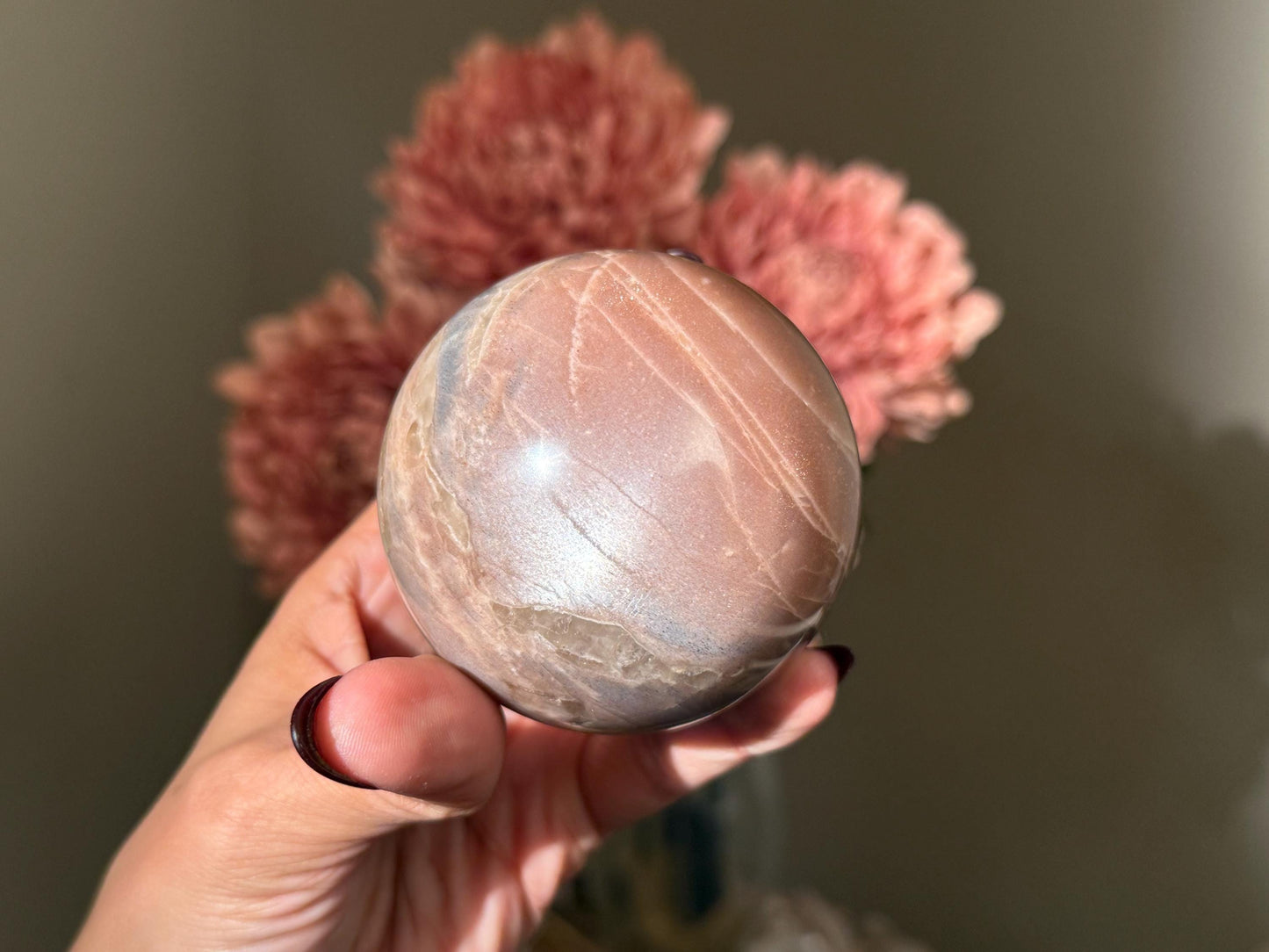 Star Flash Peach Suntone Sphere, Sunstone With Rainbow Confetti, Sunstone with Moonstone Peach Moonstone, 68, mm