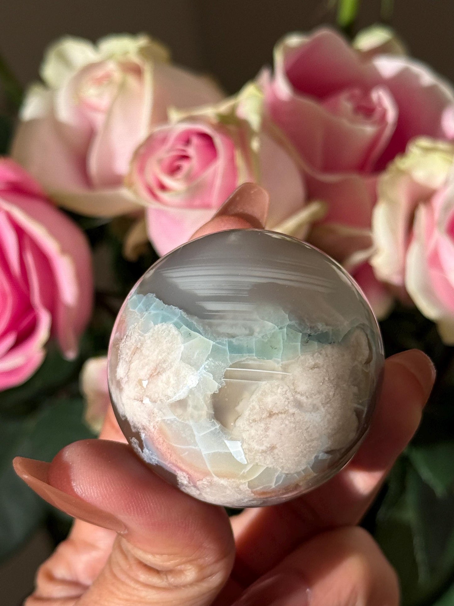 Green Flower Agate, Green Flower Agate Sphere, Sakura Agate, Cherry Blossom Agate, Heart Crystals, Crystal Gifts, Metaphysical Gifts