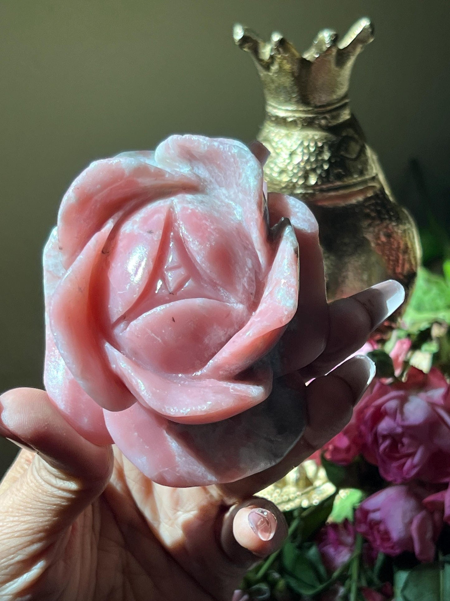 Pink Opal Rose, Pink Opal, Floral Crystal Carving, Heart Chakra Healing Crystal, Crystal Flower, Crystal Gifts,