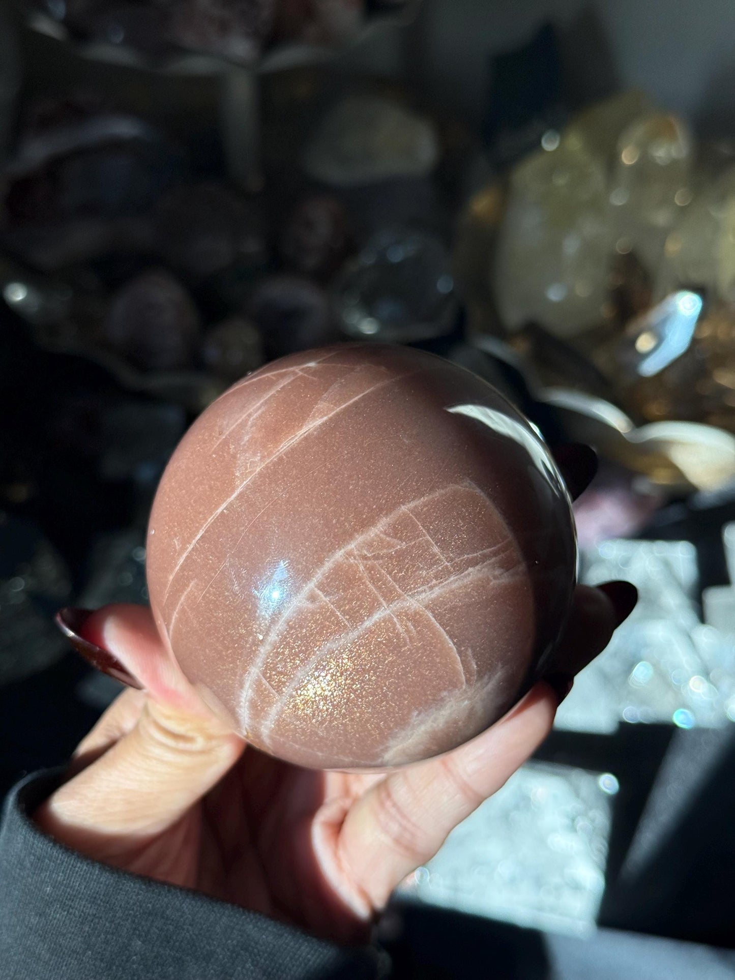 Star Flash Peach Suntone Sphere, Sunstone With Rainbow Confetti, Sunstone with Moonstone Peach Moonstone, 73 mm