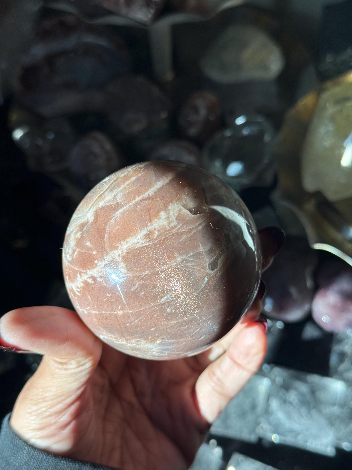 Star Flash Peach Suntone Sphere, Sunstone With Rainbow Confetti, Sunstone with Moonstone Peach Moonstone, 68, mm