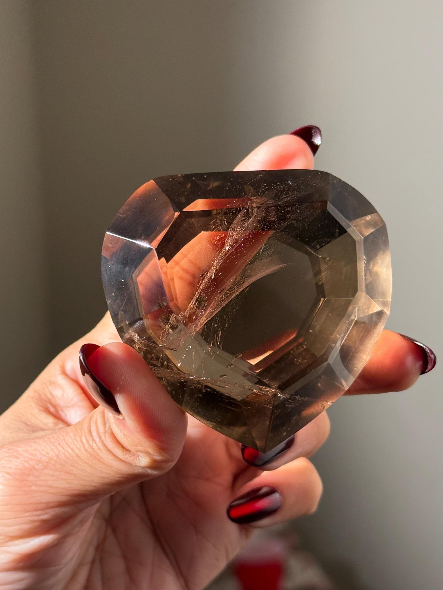Large Faceted Smoky Quartz Heart, Smoky Quartz With Golden Rutile, Faceted Crystals, Faceted Smoky Quartz, Golden Rutile, Crystal Gifts,