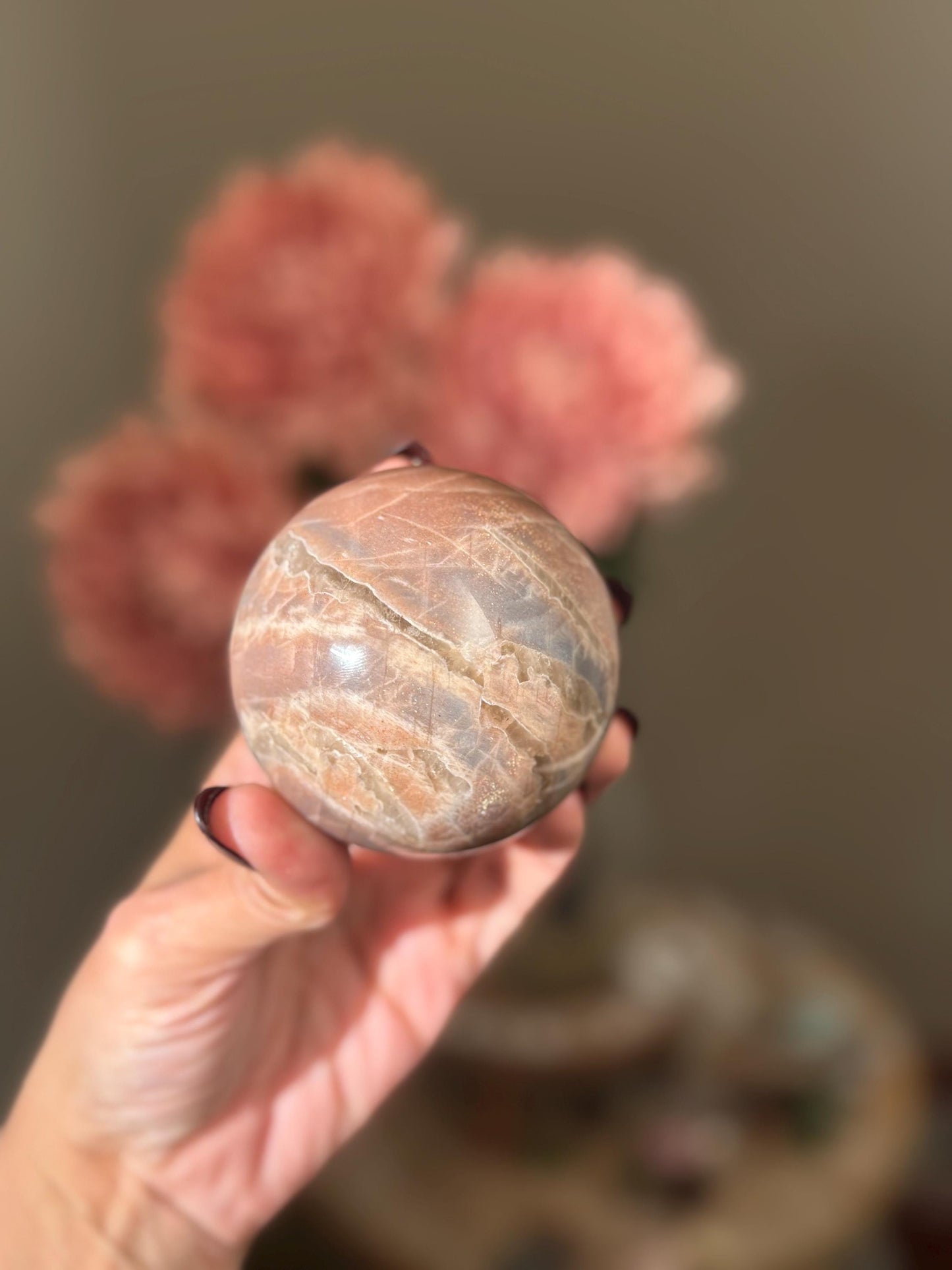 Star Flash Peach Suntone Sphere, Sunstone With Rainbow Confetti, Sunstone with Moonstone Peach Moonstone, 68, mm