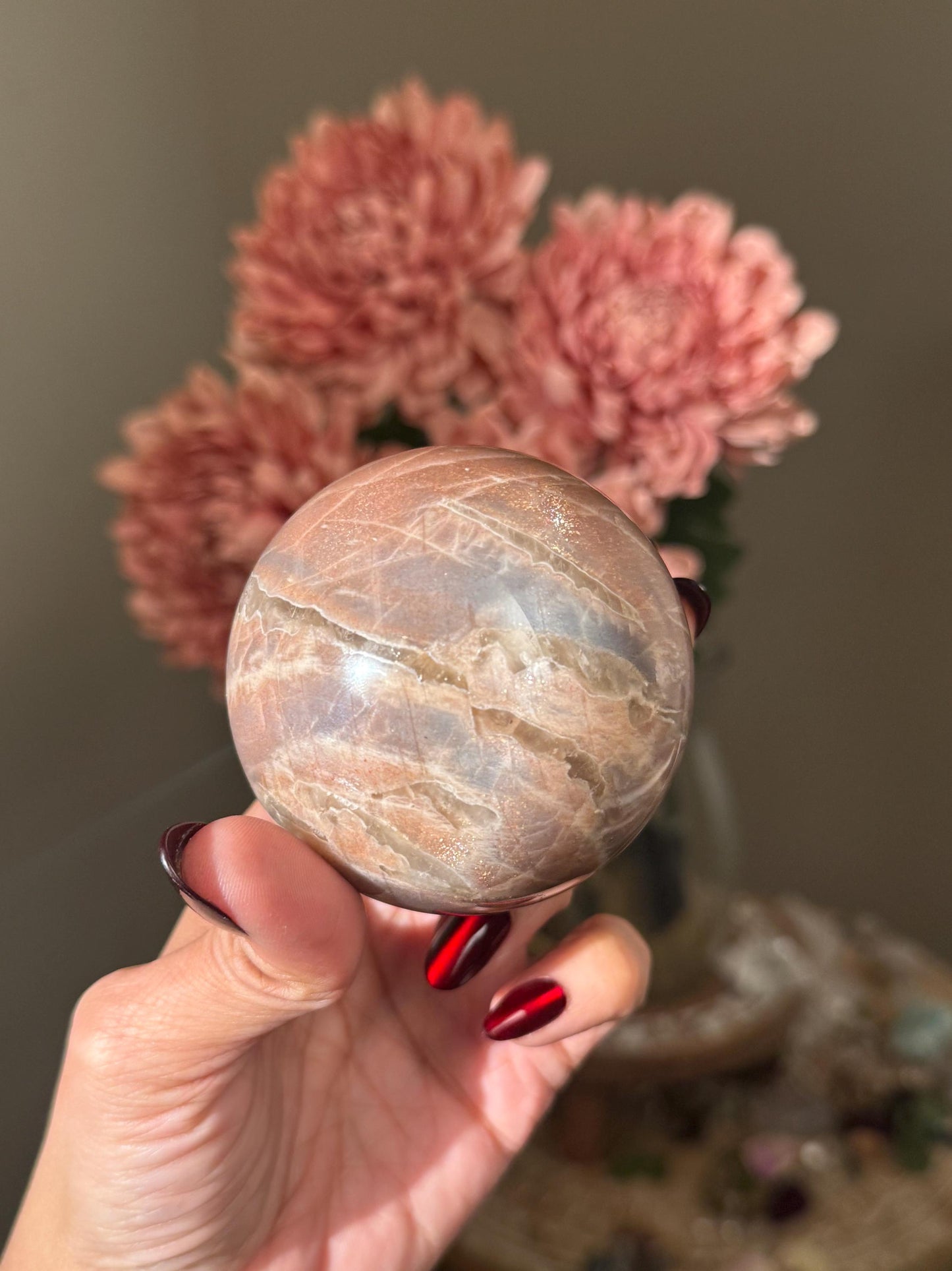 Star Flash Peach Suntone Sphere, Sunstone With Rainbow Confetti, Sunstone with Moonstone Peach Moonstone, 68, mm