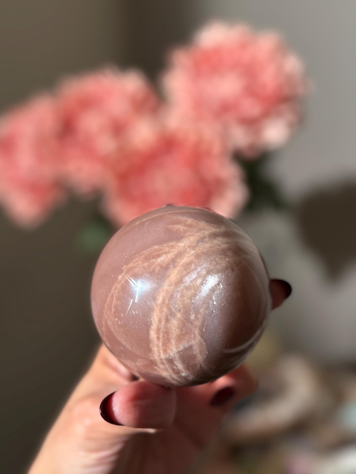 Star Flash Peach Suntone Sphere, Sunstone With Rainbow Confetti, Sunstone with Moonstone Peach Moonstone, 73 mm
