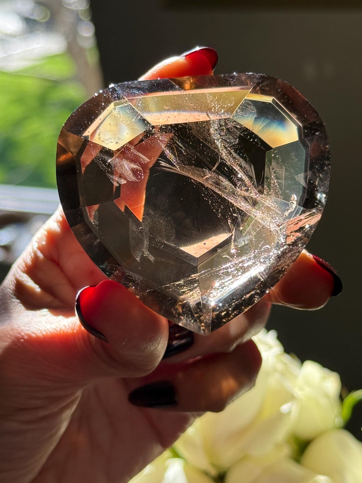 Large Faceted Smoky Quartz Heart, Smoky Quartz With Golden Rutile, Faceted Crystals, Faceted Smoky Quartz, Golden Rutile, Crystal Gifts,