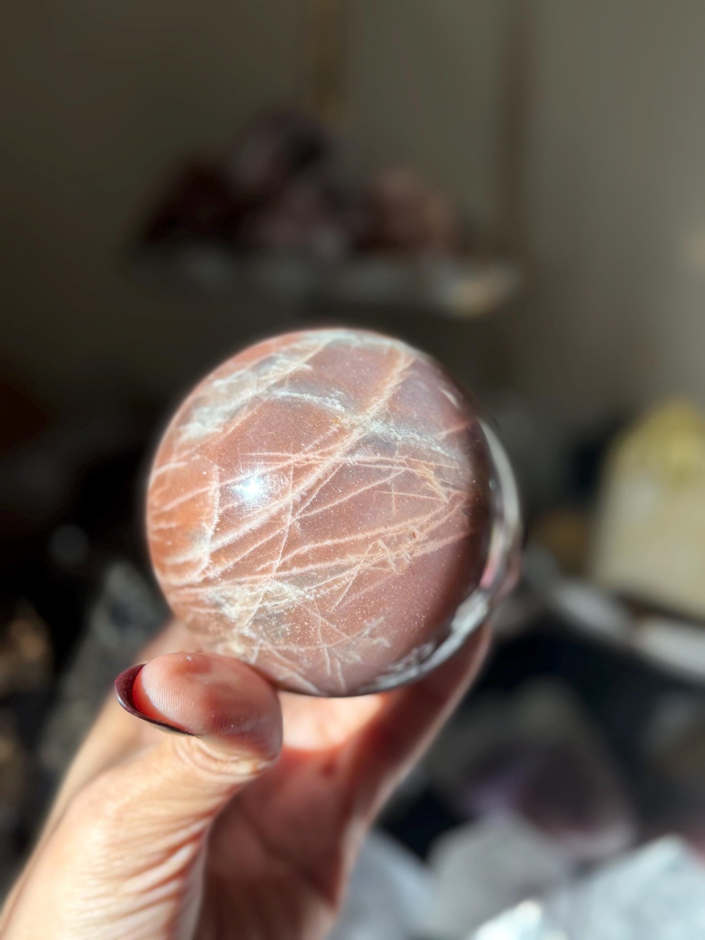 Star Flash Peach Suntone Sphere, Sunstone With Rainbow Confetti, Sunstone with Moonstone Peach Moonstone, 76 mm