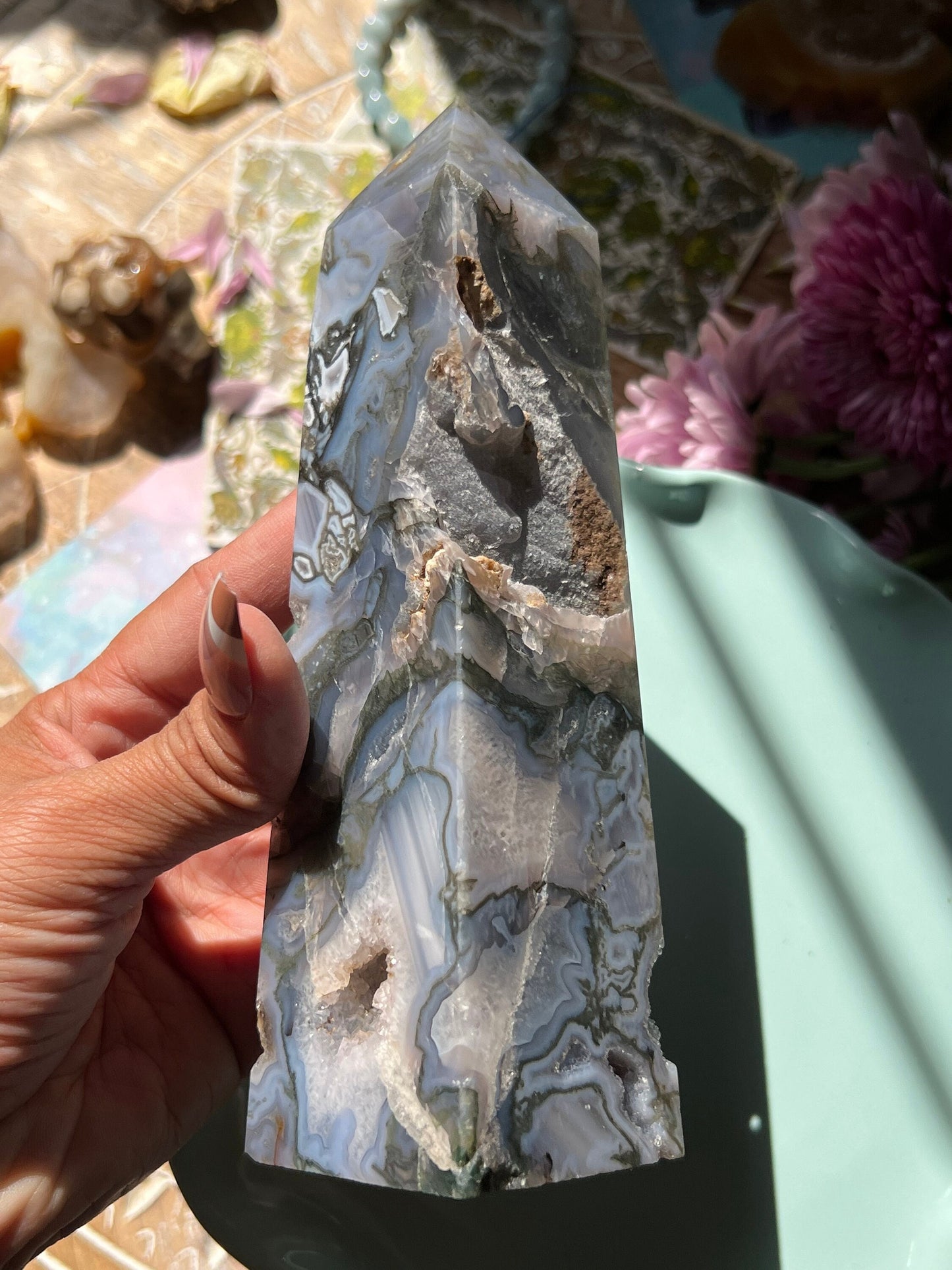 Large Blue Moss Agate Tower, Druzy Moss Agate, Purple Moss agate, Druzy Moss Agate, Moss Agate Point, Healing Crystals,