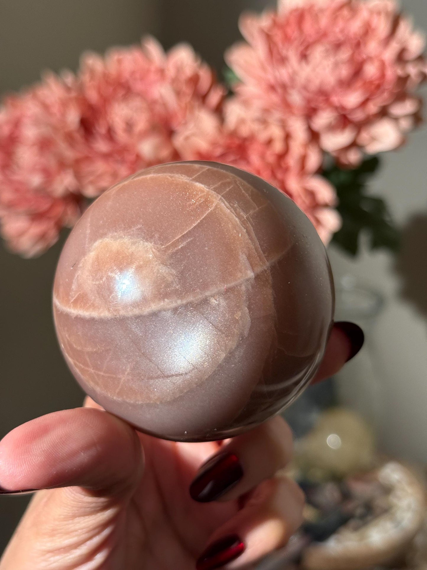 Star Flash Peach Suntone Sphere, Sunstone With Rainbow Confetti, Sunstone with Moonstone Peach Moonstone, 73 mm