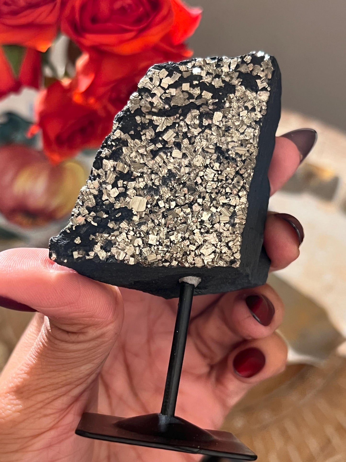 Shungite with Pyrite On Stand, Natural Shungite, Shungite with Pyrite, Raw Shungite, Crystal Gifts, Metaphysical Gifts, Spiritual Decor