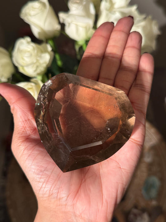 Large Faceted Smoky Quartz Heart, Smoky Quartz With Golden Rutile, Faceted Crystals, Faceted Smoky Quartz, Golden Rutile, Crystal Gifts,