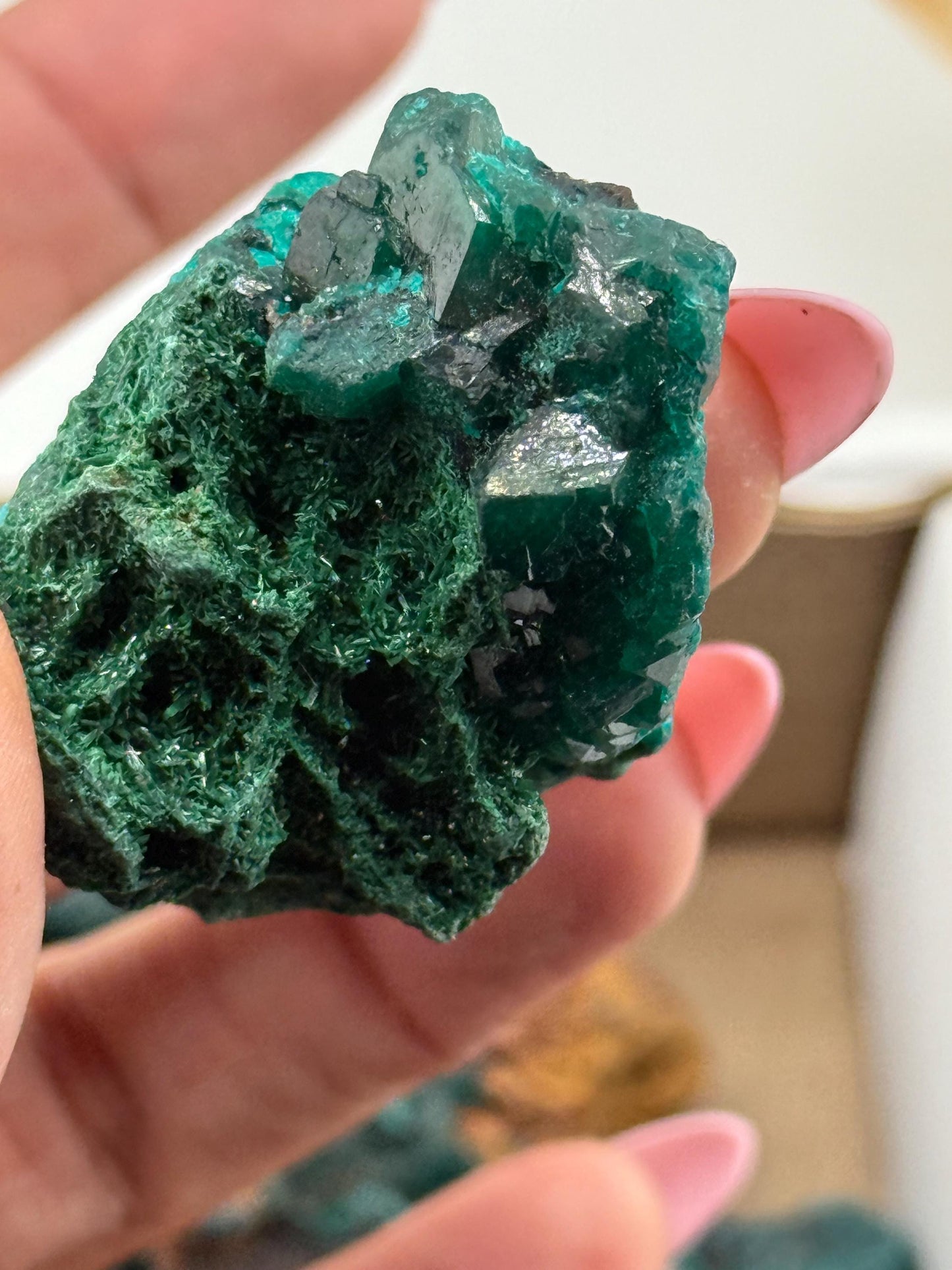 Dioptase with Malachite, Natural Raw Dioptase, Dioptase from Republic of the Congo, Fibrous Malachite, Fossils and Minerlas
