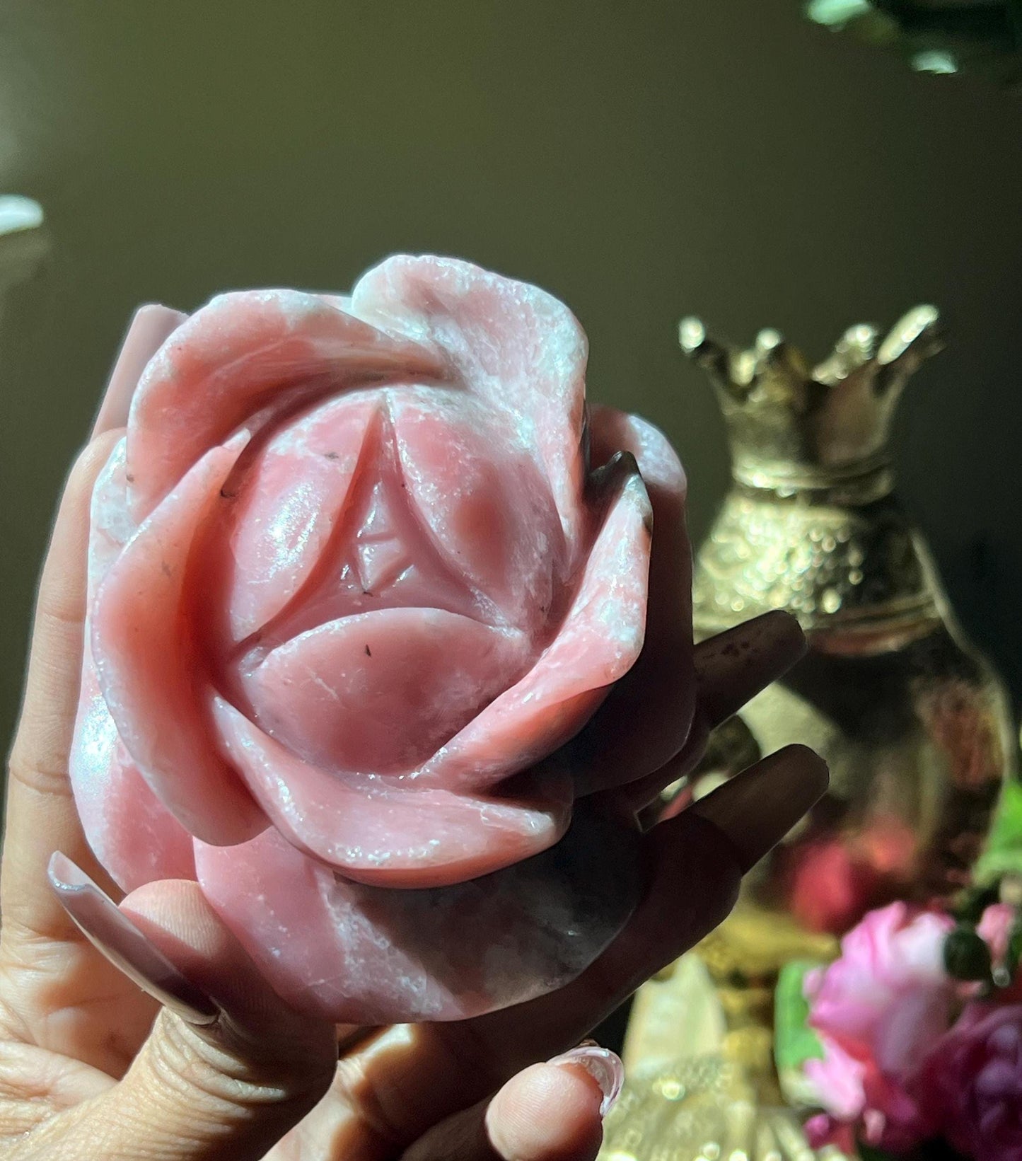 Pink Opal Rose, Pink Opal, Floral Crystal Carving, Heart Chakra Healing Crystal, Crystal Flower, Crystal Gifts,