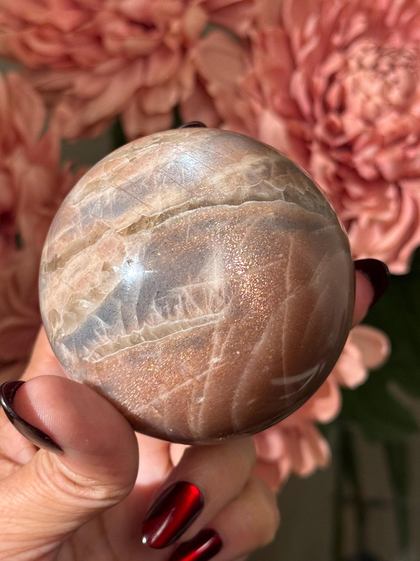 Star Flash Peach Suntone Sphere, Sunstone With Rainbow Confetti, Sunstone with Moonstone Peach Moonstone, 68, mm