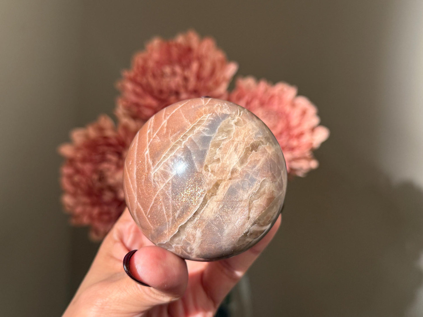 Star Flash Peach Suntone Sphere, Sunstone With Rainbow Confetti, Sunstone with Moonstone Peach Moonstone, 68, mm