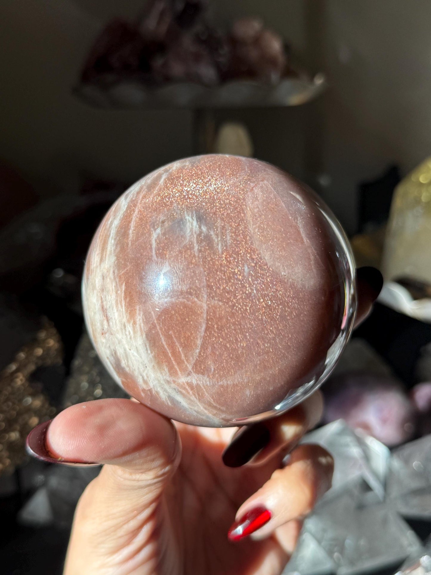 Star Flash Peach Suntone Sphere, Sunstone With Rainbow Confetti, Sunstone with Moonstone Peach Moonstone, 76 mm