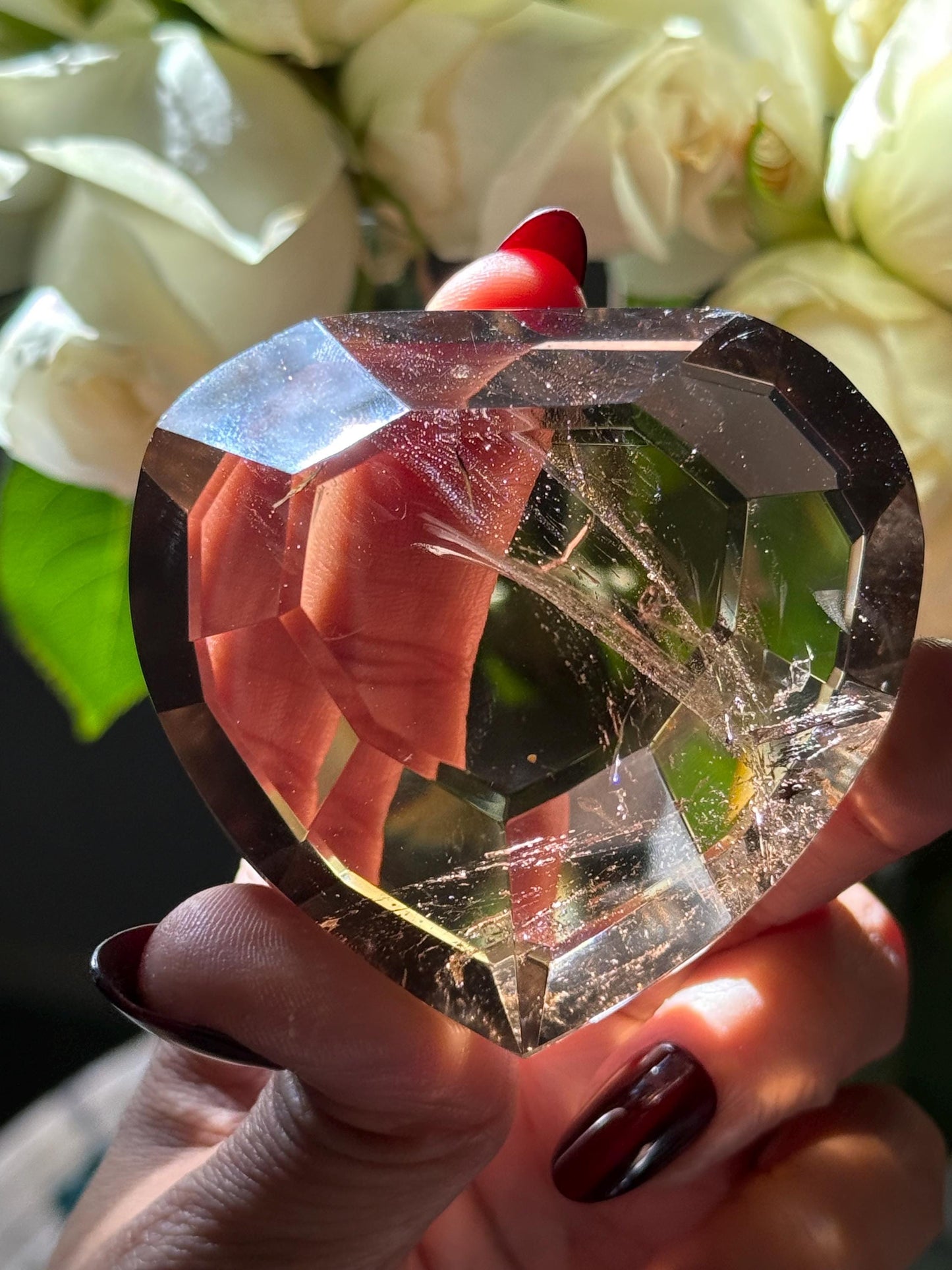 Large Faceted Smoky Quartz Heart, Smoky Quartz With Golden Rutile, Faceted Crystals, Faceted Smoky Quartz, Golden Rutile, Crystal Gifts,