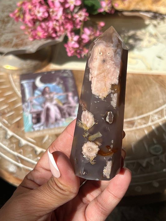 Black Flower Agate Tower, Black & Blue Flower Agate, Flower Agate, Blue Chalcedony