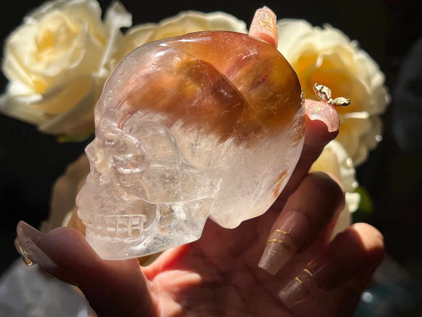 Amphibole Crystal skull, Hand Carved Crystal skull, Skulls, Crystal Gifts, Metaphysical Gifts, Rabbit Hair Quartz, Rabbit hair Quartz Skull