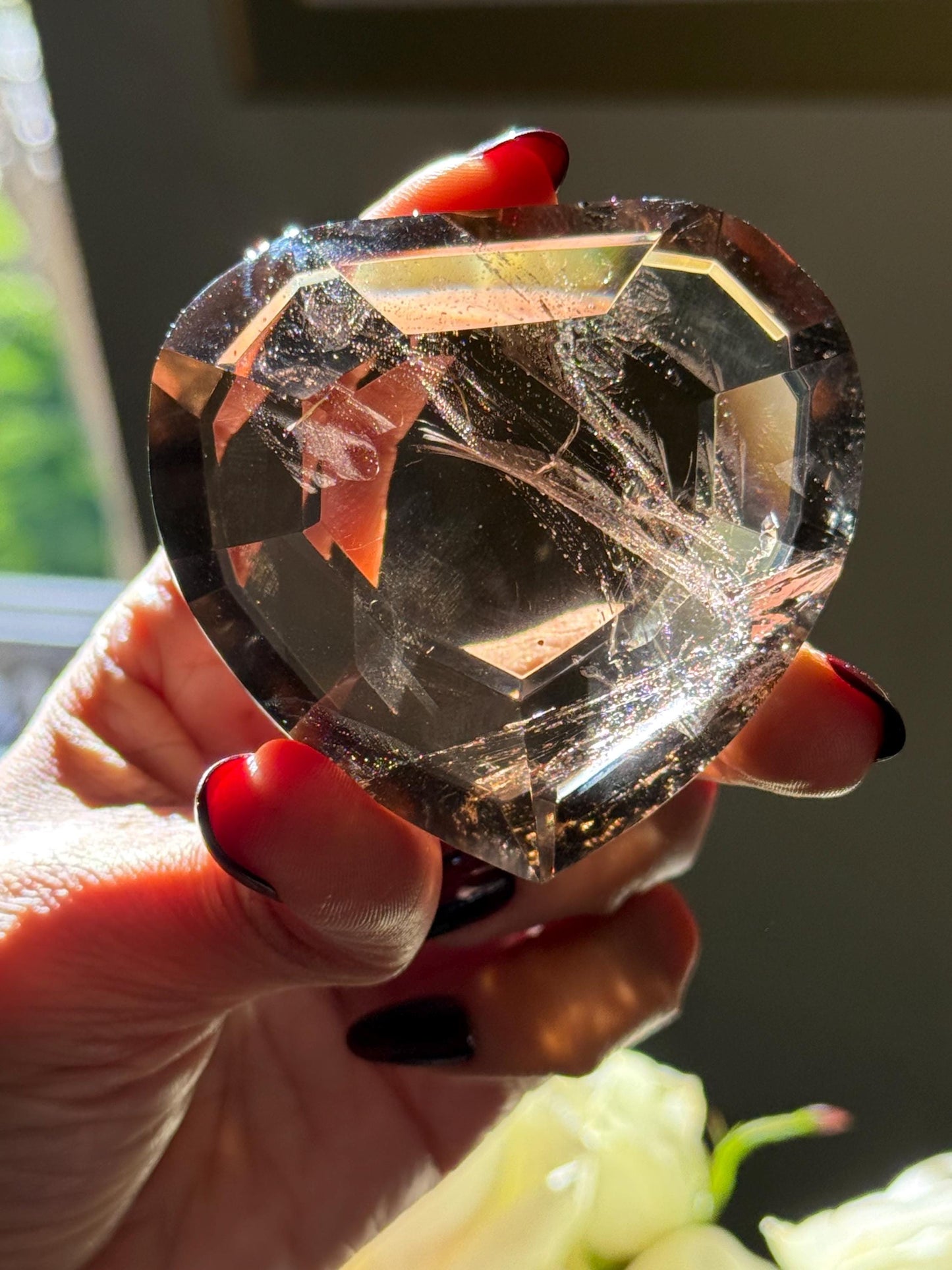 Large Faceted Smoky Quartz Heart, Smoky Quartz With Golden Rutile, Faceted Crystals, Faceted Smoky Quartz, Golden Rutile, Crystal Gifts,