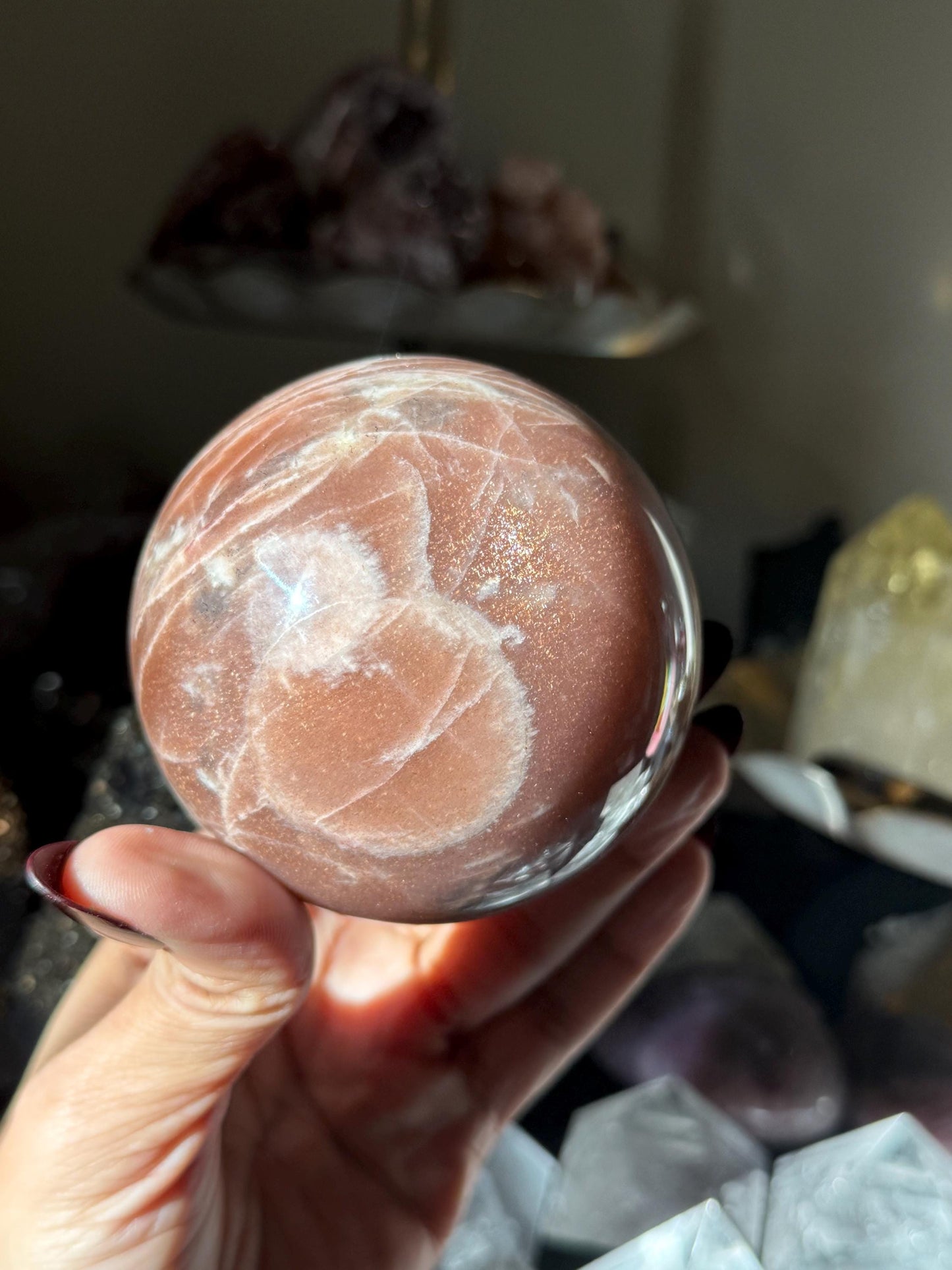 Star Flash Peach Suntone Sphere, Sunstone With Rainbow Confetti, Sunstone with Moonstone Peach Moonstone, 76 mm
