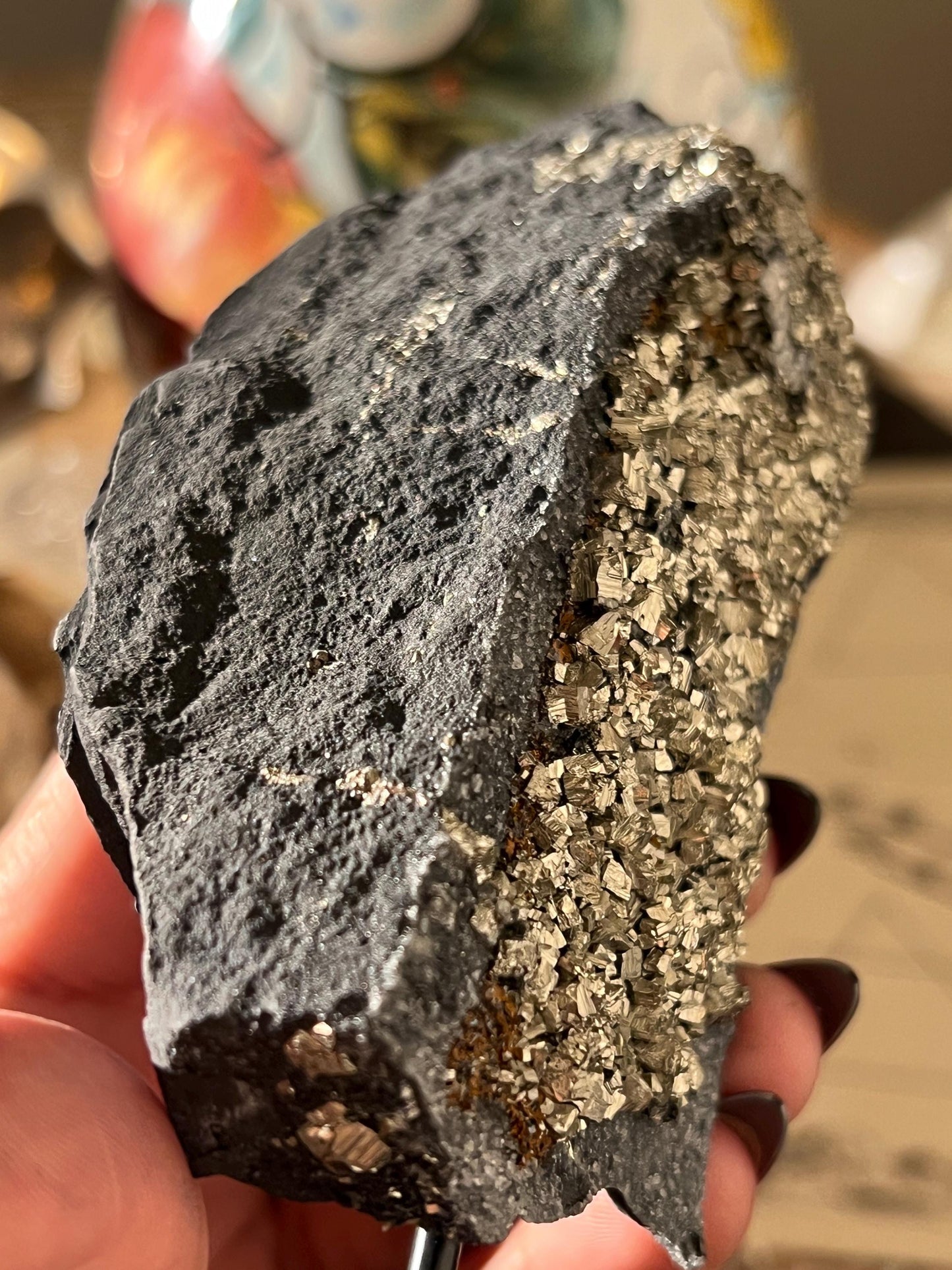 Shungite with Pyrite On Stand, Natural Shungite, Shungite with Pyrite, Raw Shungite, Crystal Gifts, Metaphysical Gifts, Spiritual Decor