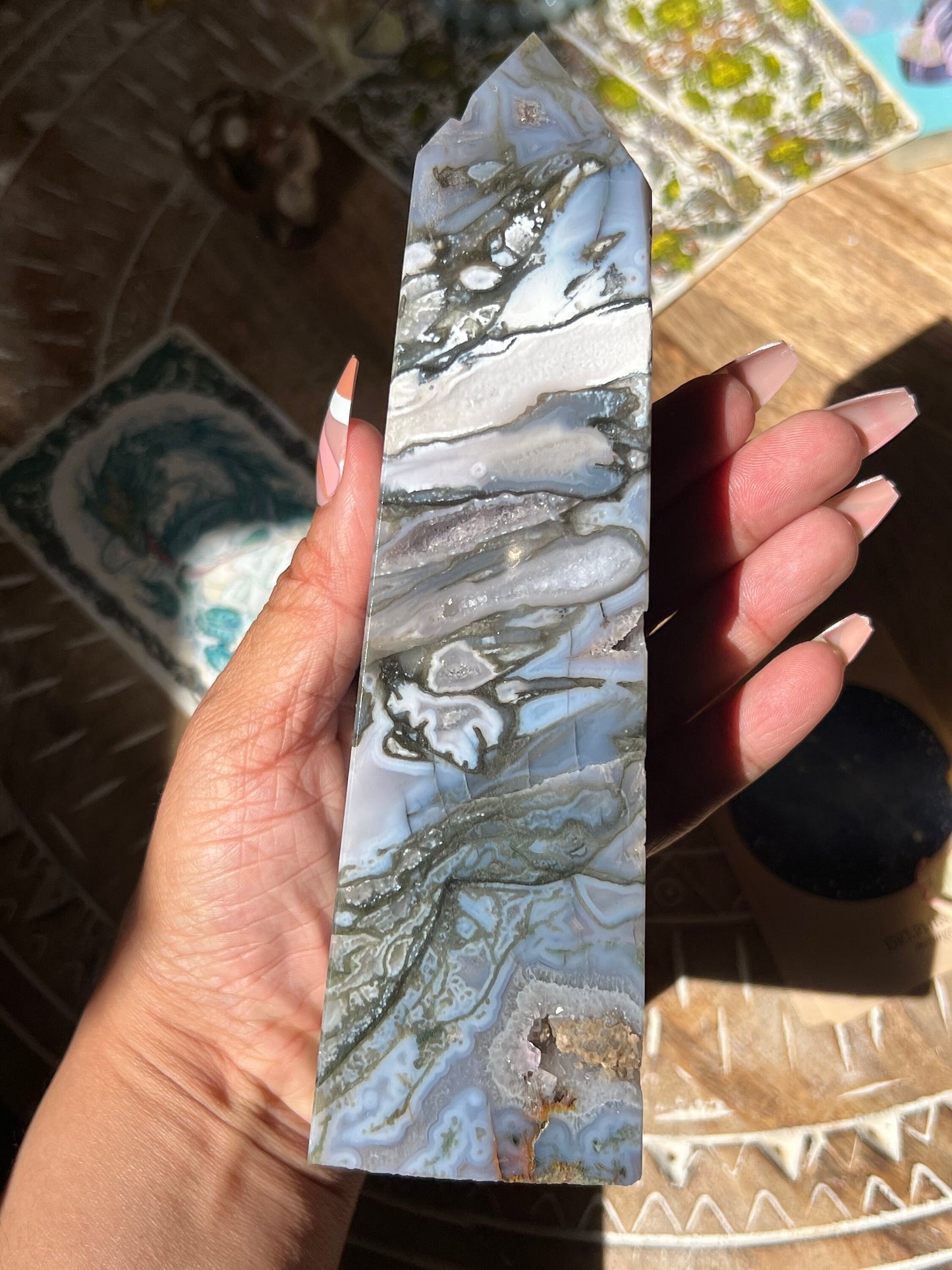 Large Blue Moss Agate Tower, Druzy Moss Agate, Purple Moss agate, Druzy Moss Agate, Moss Agate Point, Healing Crystals,