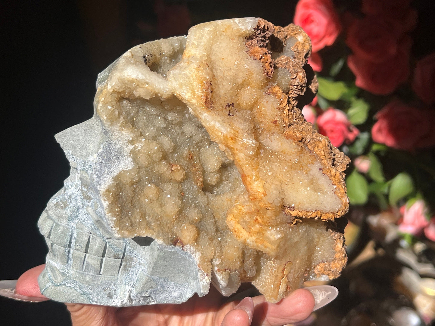 Druzy Caribbean Calcite Skull, Blue Aragonite Skull, Hemimorphite Skull, Crystal Skulls, Metaphysical gifts, Spooky Season, Halloween