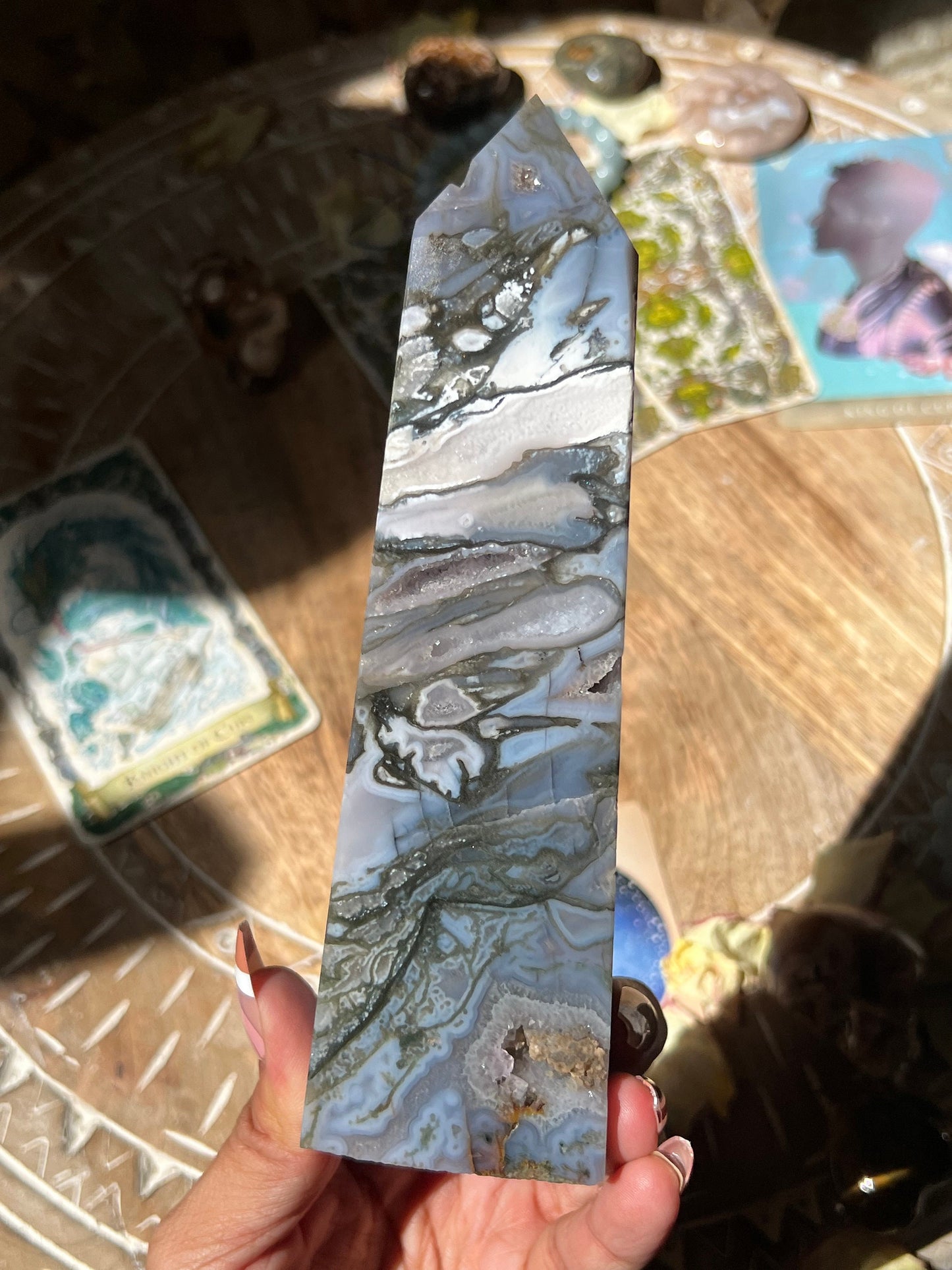 Large Blue Moss Agate Tower, Druzy Moss Agate, Purple Moss agate, Druzy Moss Agate, Moss Agate Point, Healing Crystals,
