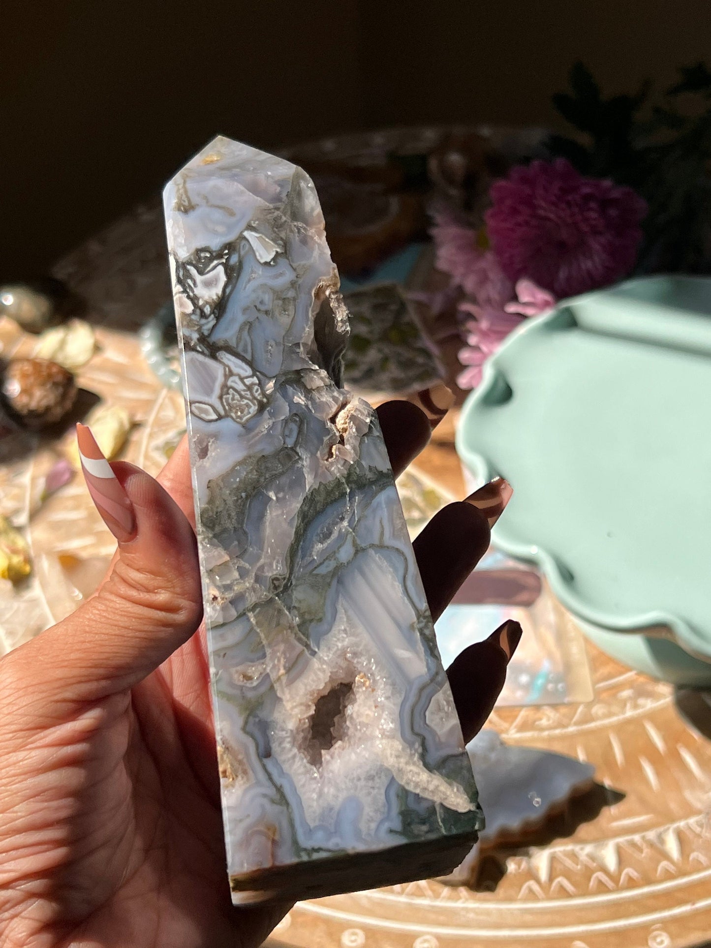Large Blue Moss Agate Tower, Druzy Moss Agate, Purple Moss agate, Druzy Moss Agate, Moss Agate Point, Healing Crystals,