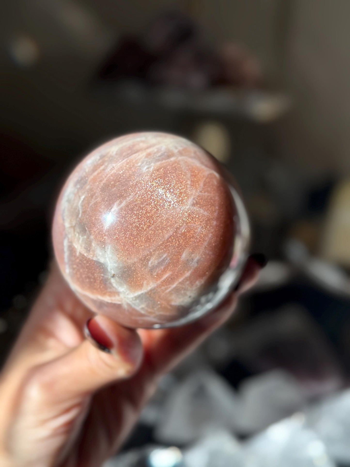 Star Flash Peach Suntone Sphere, Sunstone With Rainbow Confetti, Sunstone with Moonstone Peach Moonstone, 76 mm