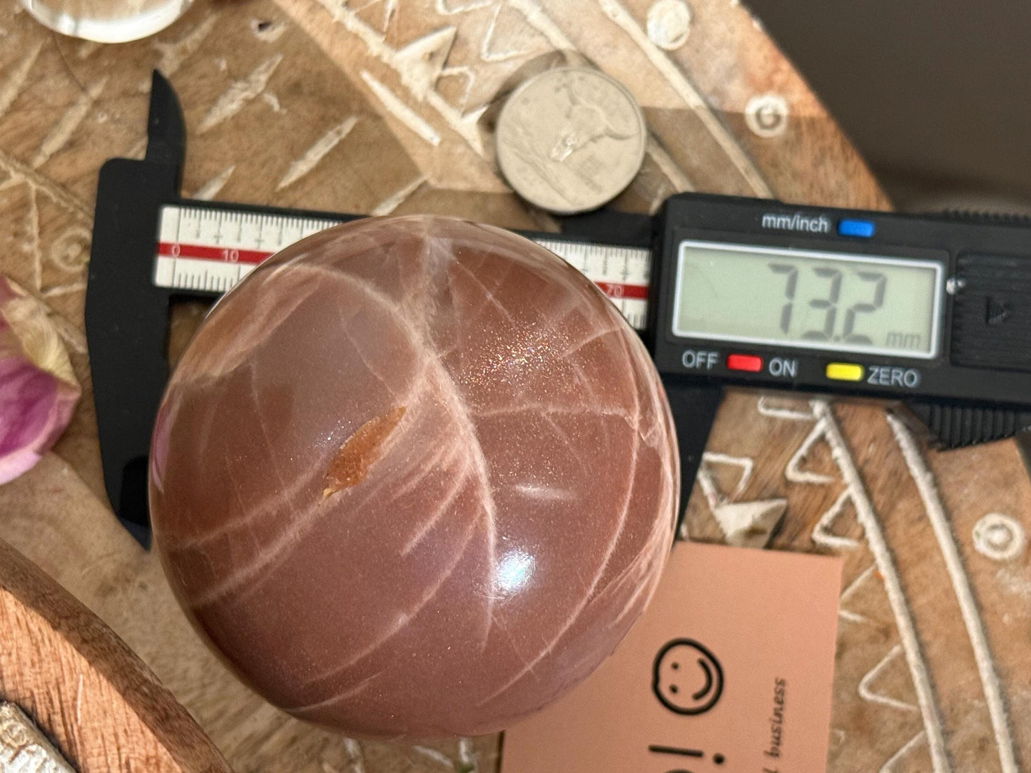 Star Flash Peach Suntone Sphere, Sunstone With Rainbow Confetti, Sunstone with Moonstone Peach Moonstone, 73 mm