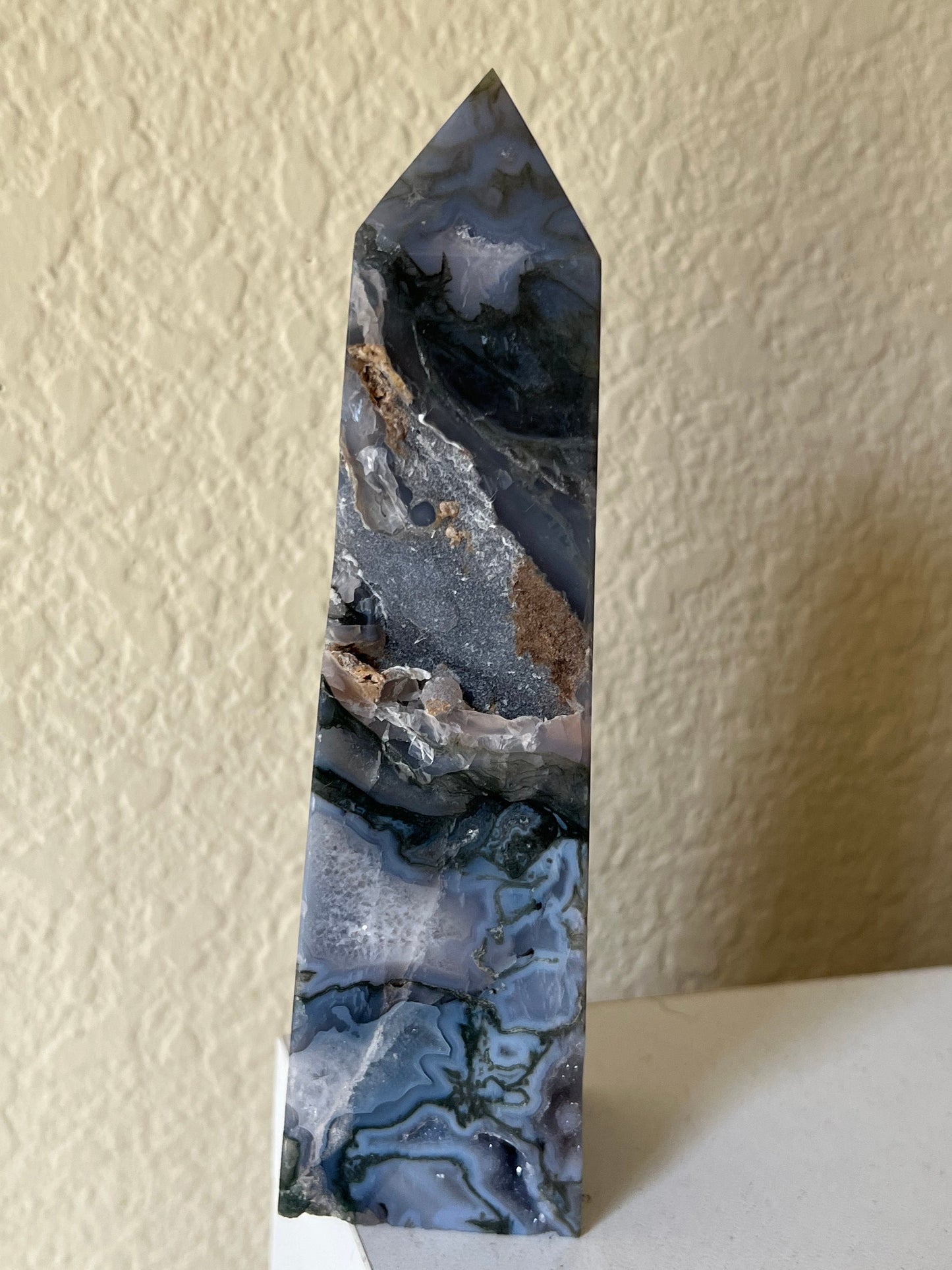 Large Blue Moss Agate Tower, Druzy Moss Agate, Purple Moss agate, Druzy Moss Agate, Moss Agate Point, Healing Crystals,