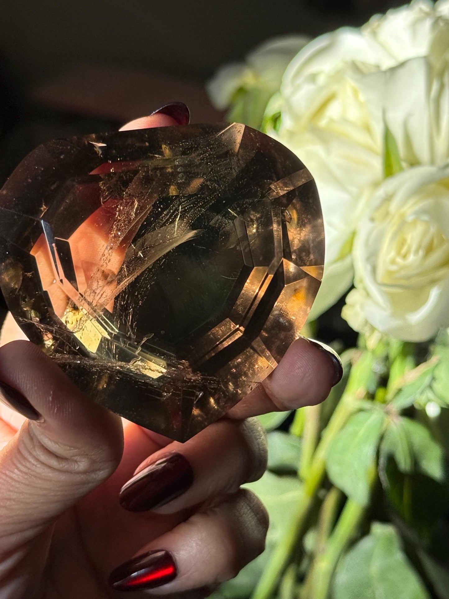 Large Faceted Smoky Quartz Heart, Smoky Quartz With Golden Rutile, Faceted Crystals, Faceted Smoky Quartz, Golden Rutile, Crystal Gifts,