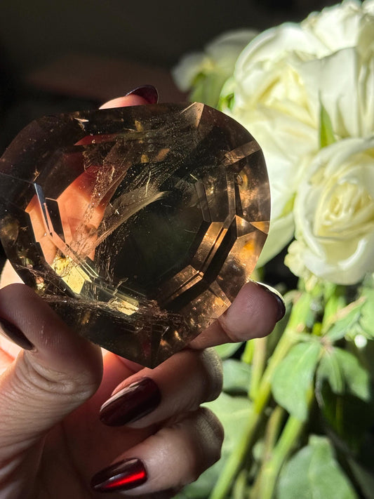 Large Faceted Smoky Quartz Heart, Smoky Quartz With Golden Rutile, Faceted Crystals, Faceted Smoky Quartz, Golden Rutile, Crystal Gifts,