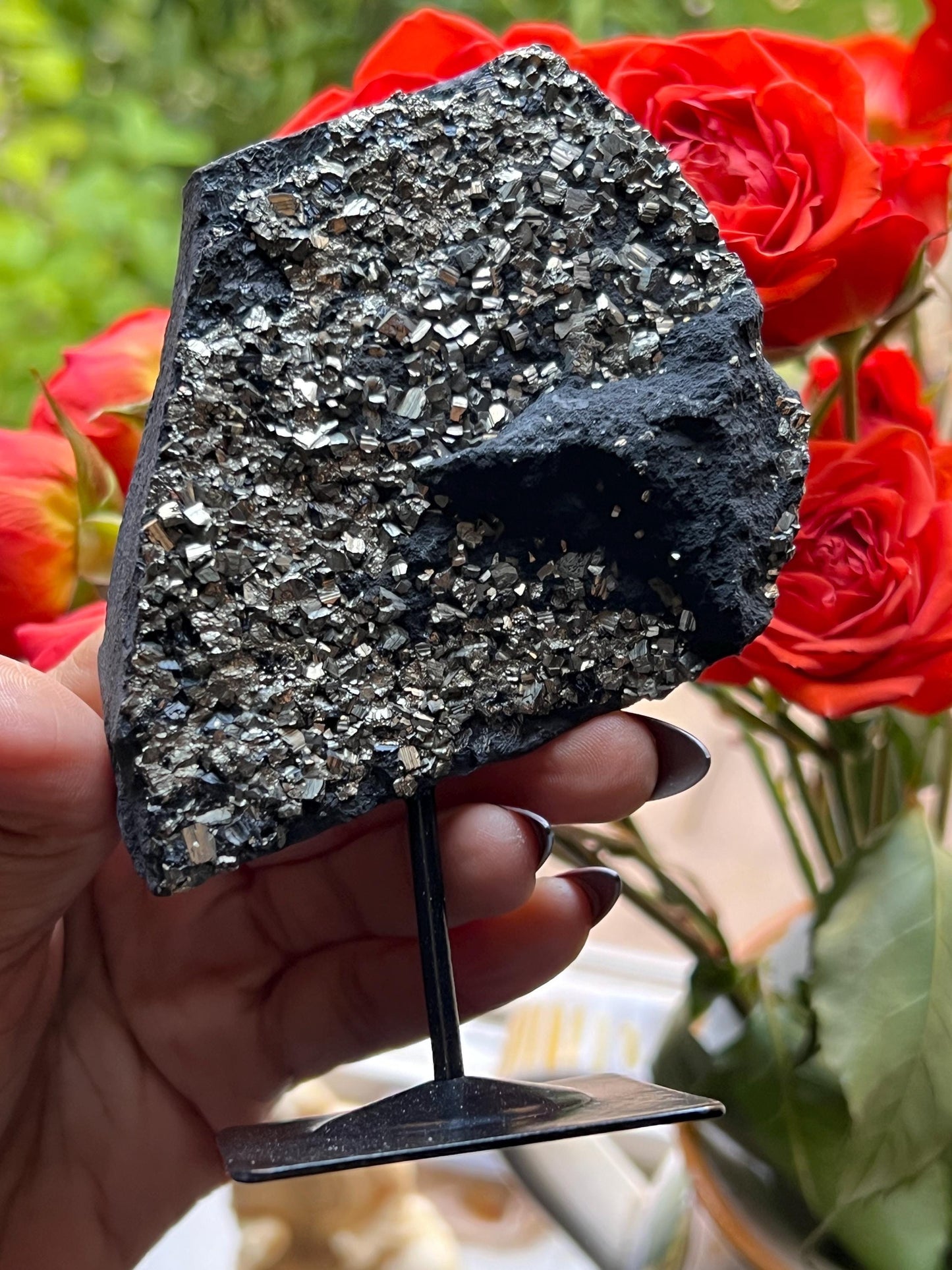 Shungite with Pyrite On Stand, Natural Shungite, Shungite with Pyrite, Raw Shungite, Crystal Gifts, Metaphysical Gifts, Spiritual Decor