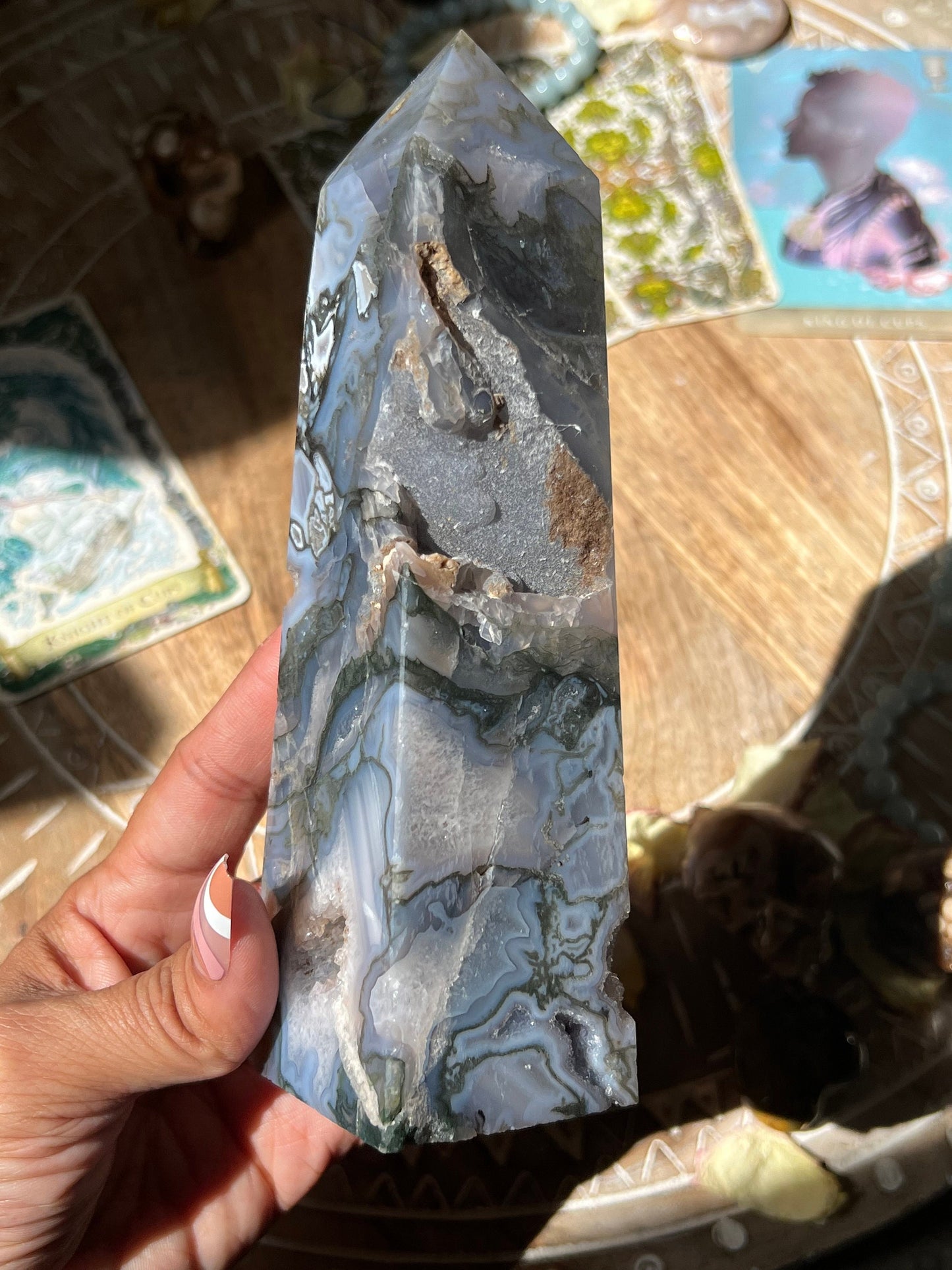 Large Blue Moss Agate Tower, Druzy Moss Agate, Purple Moss agate, Druzy Moss Agate, Moss Agate Point, Healing Crystals,