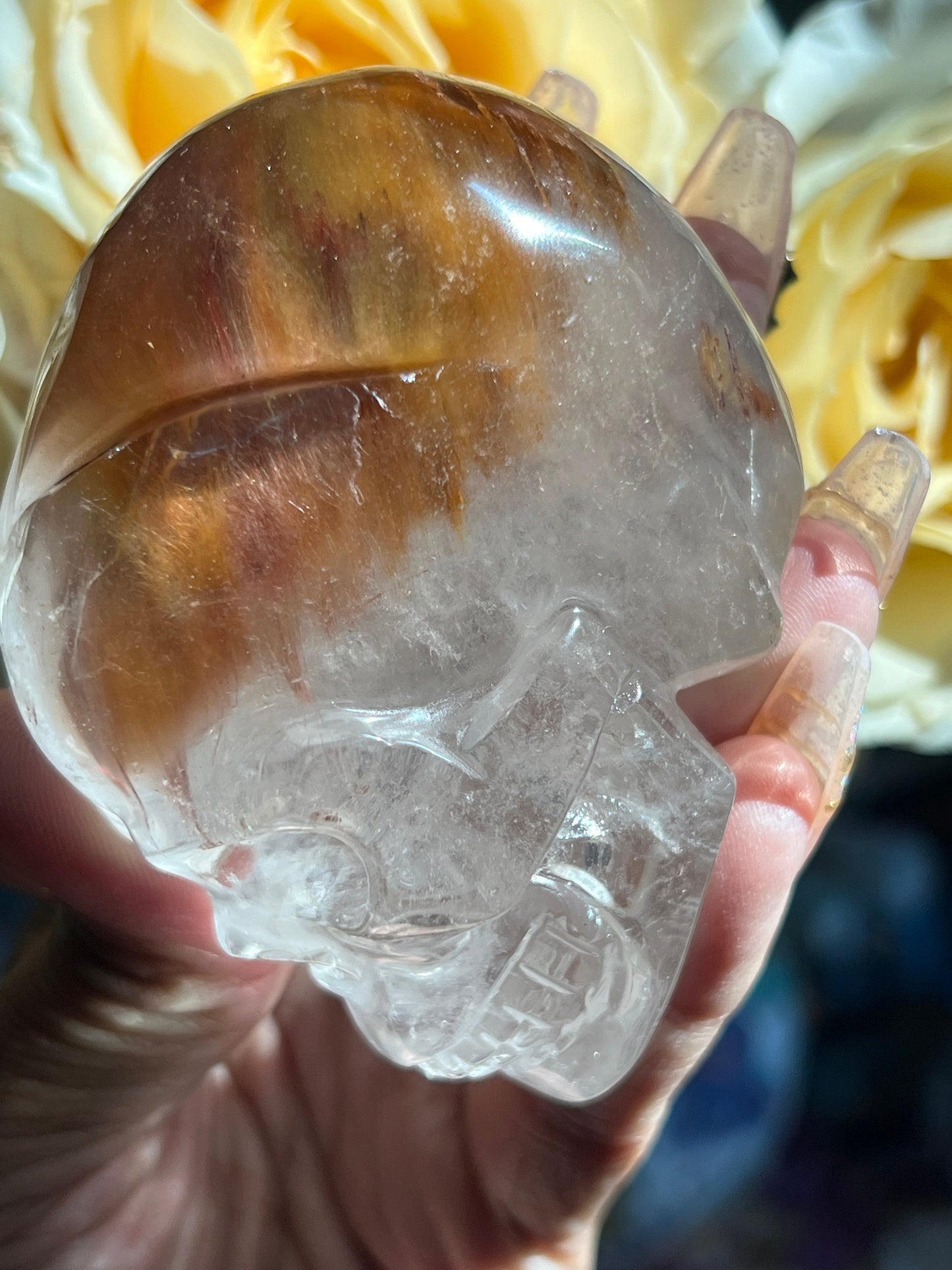Amphibole Crystal skull, Hand Carved Crystal skull, Skulls, Crystal Gifts, Metaphysical Gifts, Rabbit Hair Quartz, Rabbit hair Quartz Skull