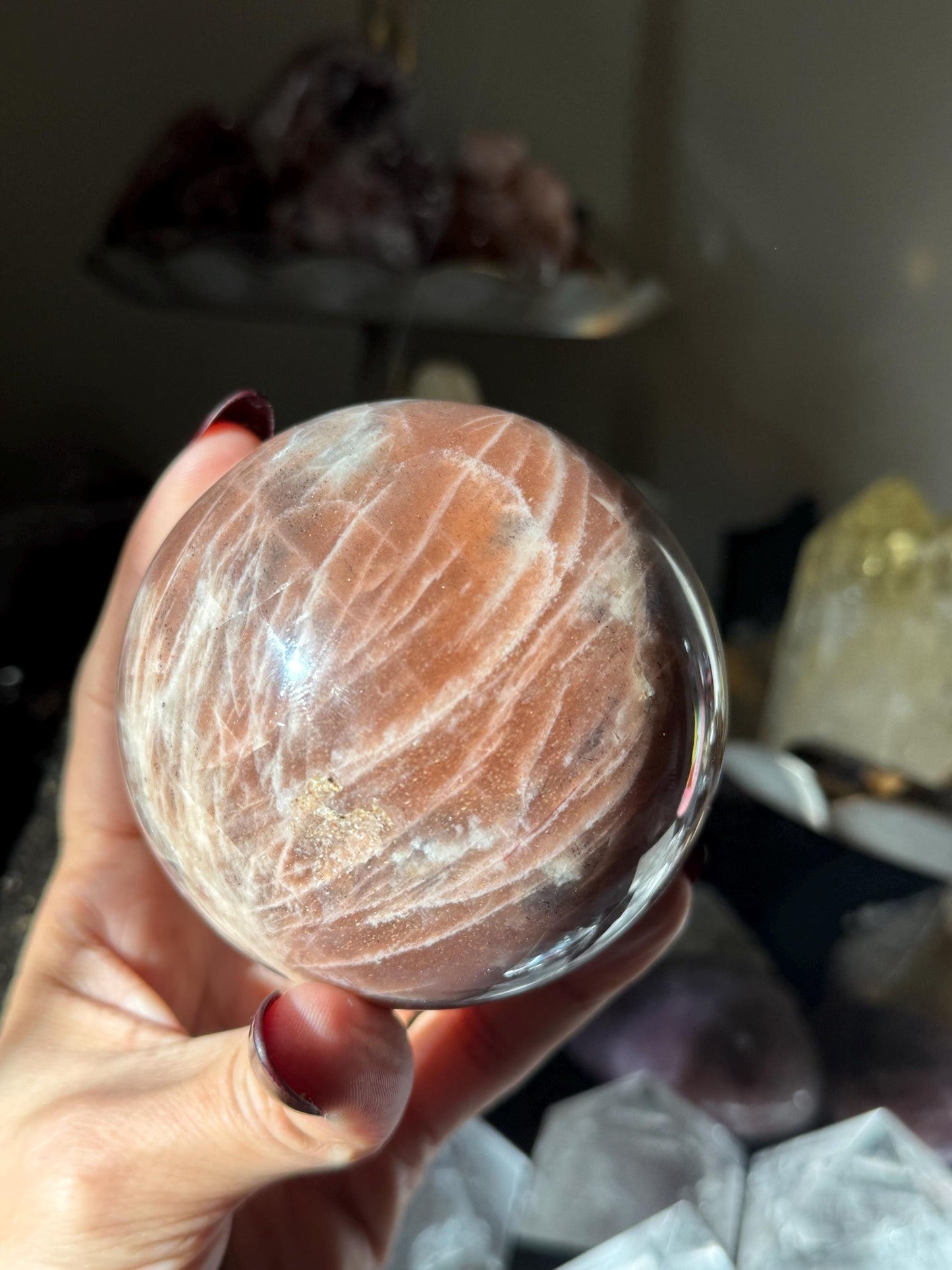 Star Flash Peach Suntone Sphere, Sunstone With Rainbow Confetti, Sunstone with Moonstone Peach Moonstone, 76 mm