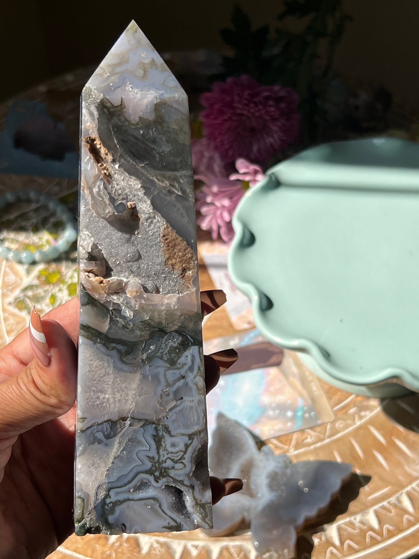 Large Blue Moss Agate Tower, Druzy Moss Agate, Purple Moss agate, Druzy Moss Agate, Moss Agate Point, Healing Crystals,