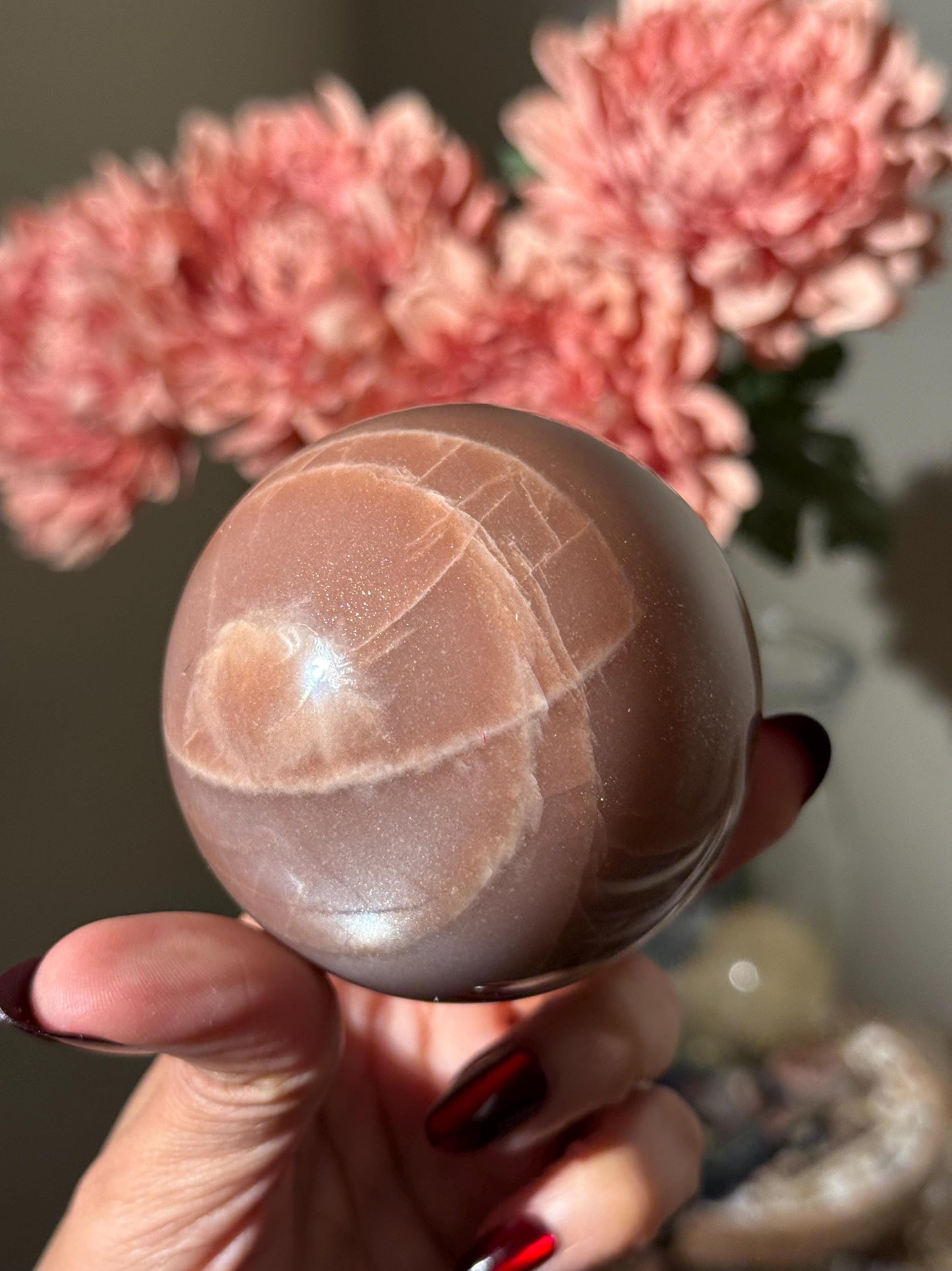 Star Flash Peach Suntone Sphere, Sunstone With Rainbow Confetti, Sunstone with Moonstone Peach Moonstone, 73 mm