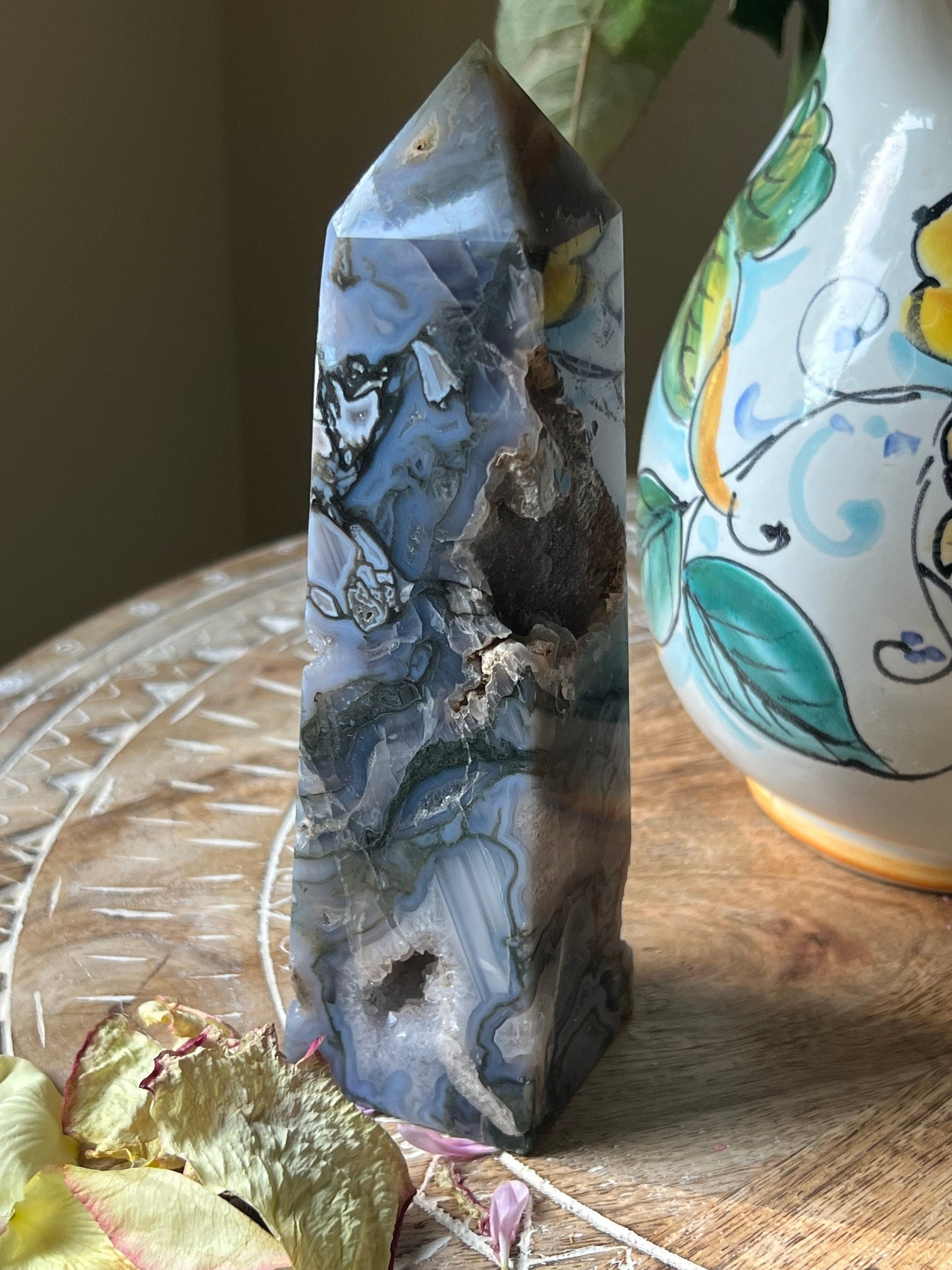 Large Blue Moss Agate Tower, Druzy Moss Agate, Purple Moss agate, Druzy Moss Agate, Moss Agate Point, Healing Crystals,