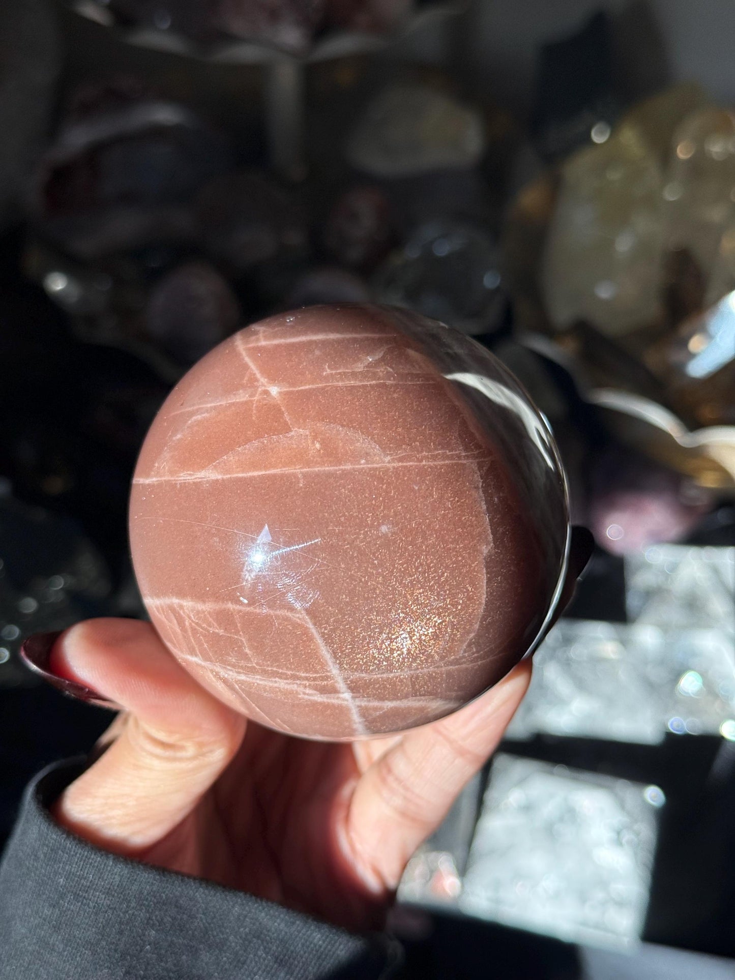 Star Flash Peach Suntone Sphere, Sunstone With Rainbow Confetti, Sunstone with Moonstone Peach Moonstone, 73 mm