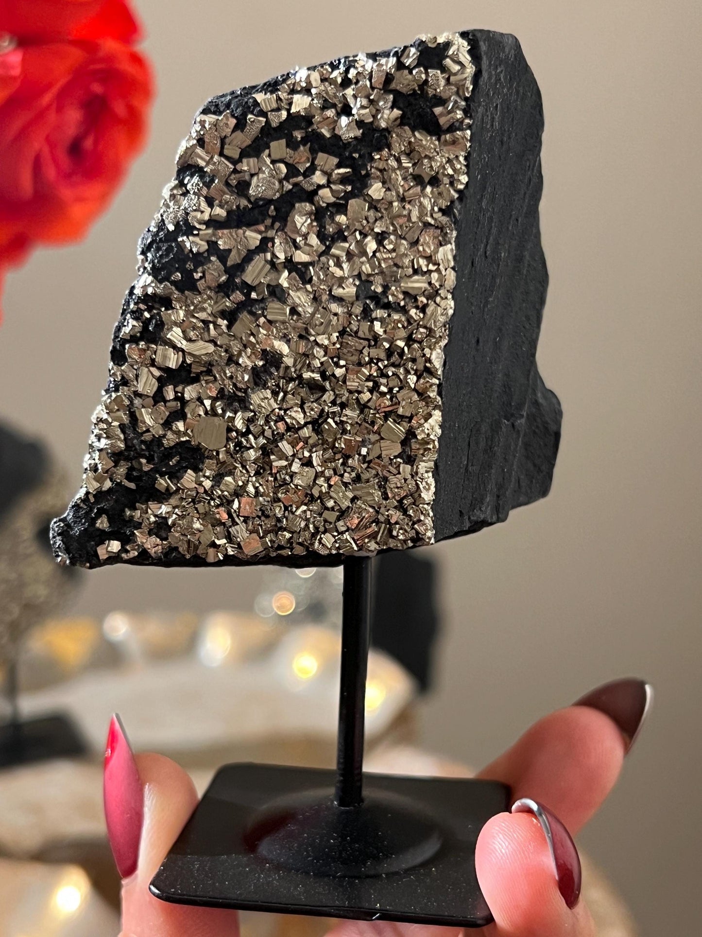 Shungite with Pyrite On Stand, Natural Shungite, Shungite with Pyrite, Raw Shungite, Crystal Gifts, Metaphysical Gifts, Spiritual Decor