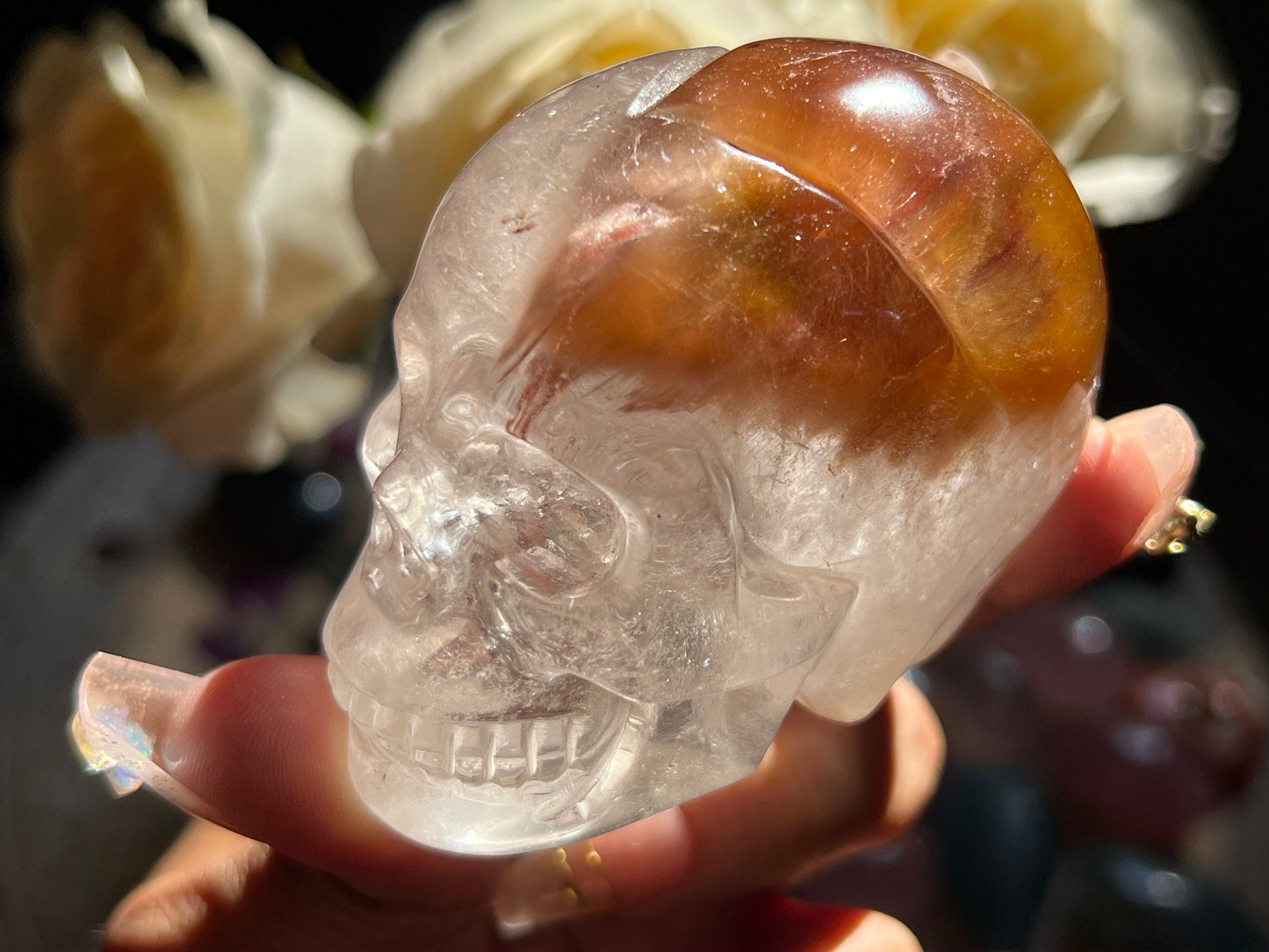 Amphibole Crystal skull, Hand Carved Crystal skull, Skulls, Crystal Gifts, Metaphysical Gifts, Rabbit Hair Quartz, Rabbit hair Quartz Skull