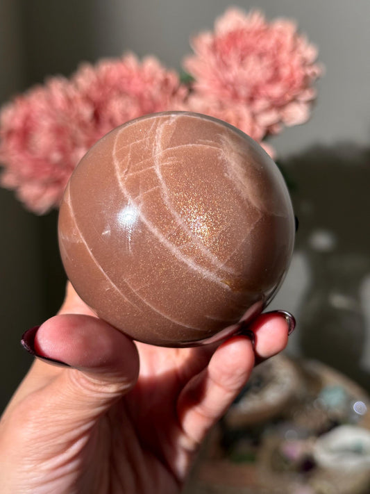 Star Flash Peach Suntone Sphere, Sunstone With Rainbow Confetti, Sunstone with Moonstone Peach Moonstone, 73 mm