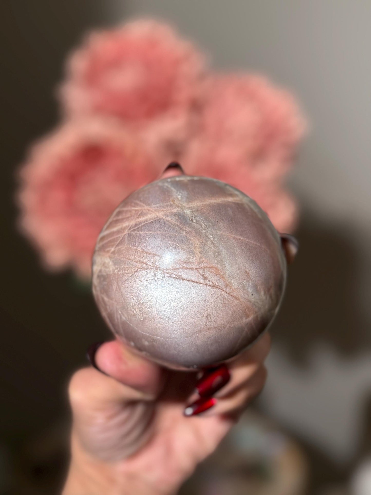 Star Flash Peach Suntone Sphere, Sunstone With Rainbow Confetti, Sunstone with Moonstone Peach Moonstone, 76 mm