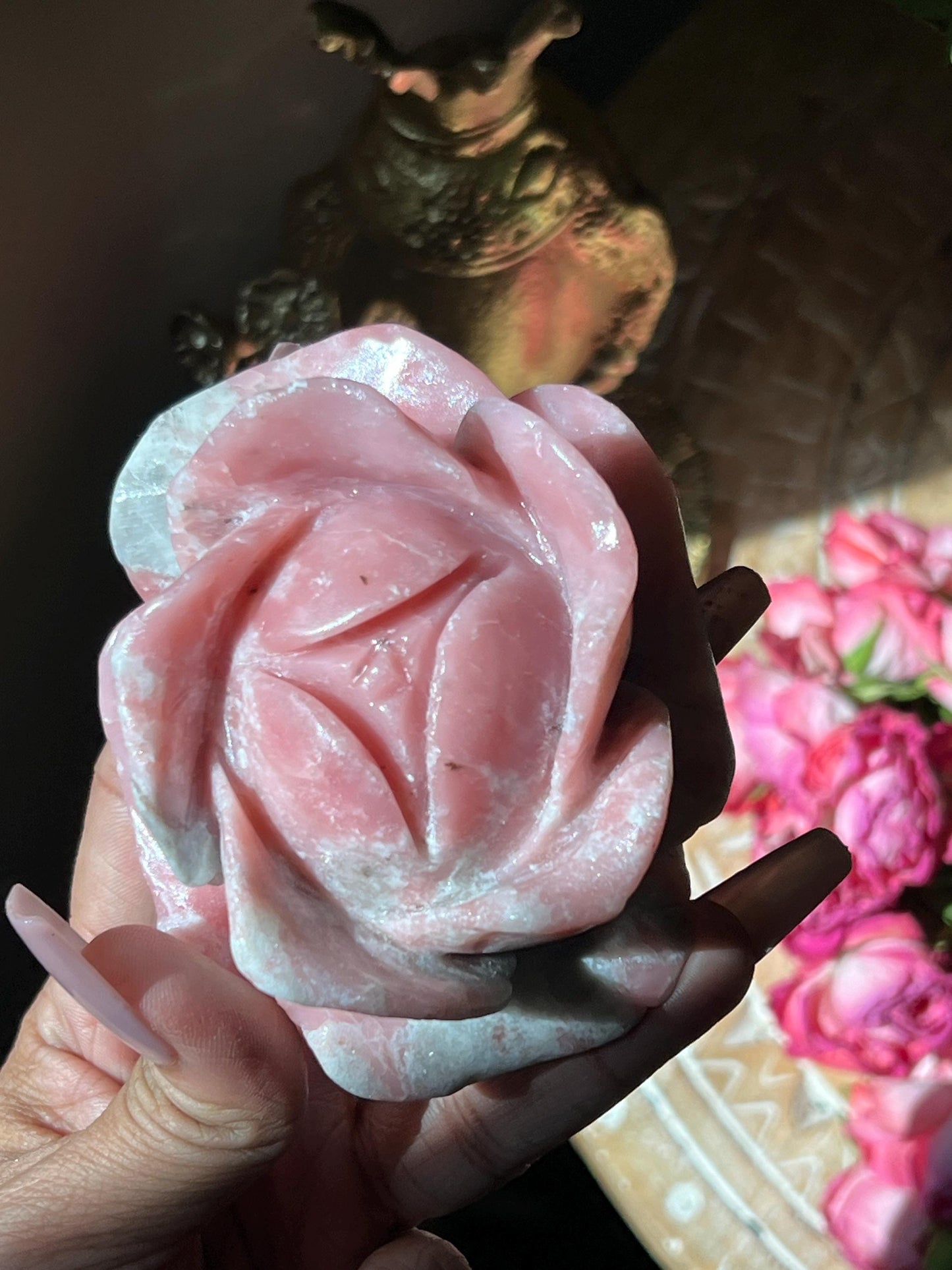 Pink Opal Rose, Pink Opal, Floral Crystal Carving, Heart Chakra Healing Crystal, Crystal Flower, Crystal Gifts,