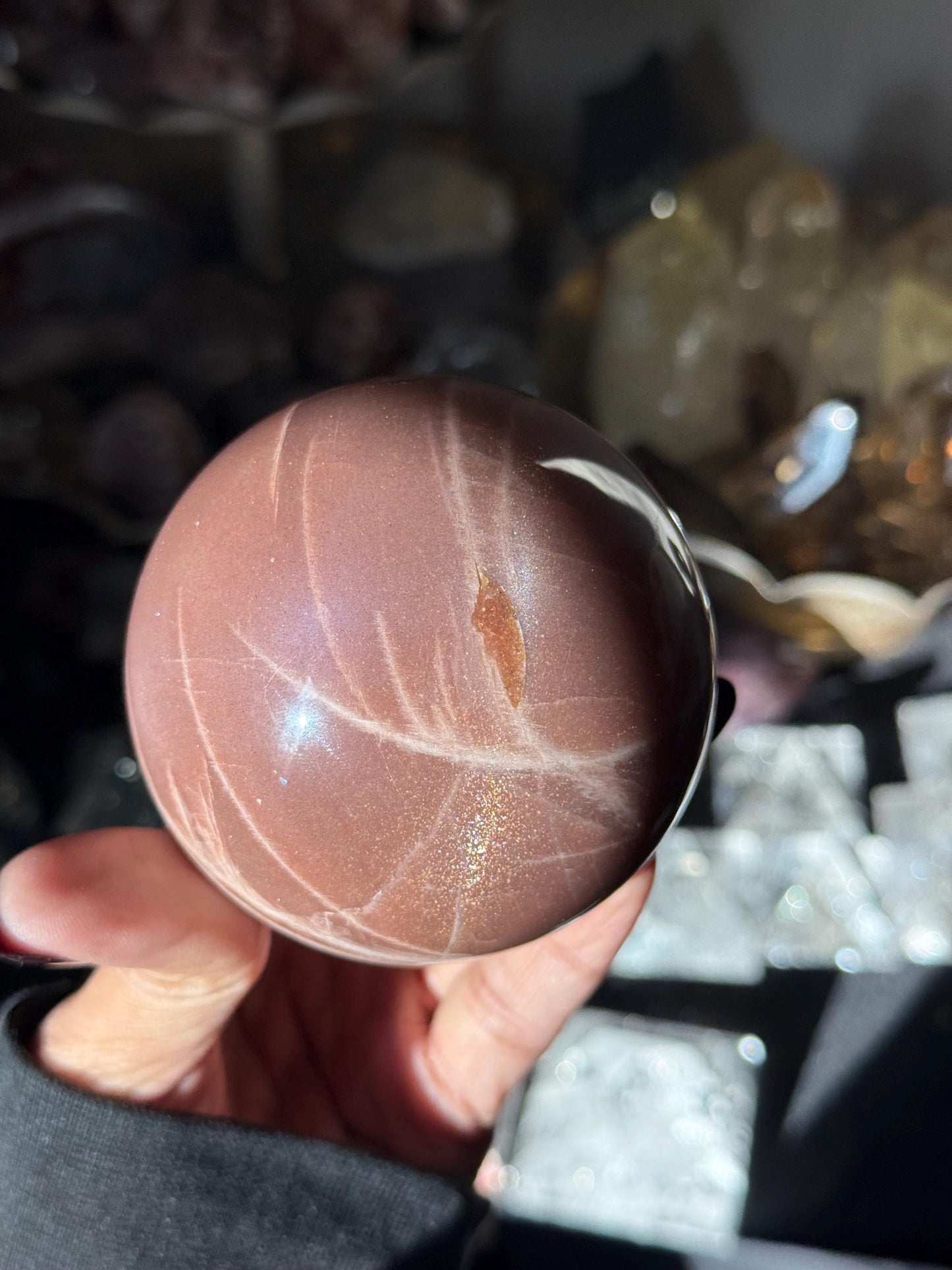 Star Flash Peach Suntone Sphere, Sunstone With Rainbow Confetti, Sunstone with Moonstone Peach Moonstone, 73 mm