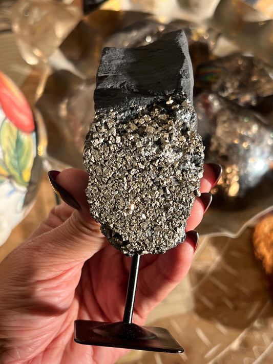 Shungite with Pyrite On Stand, Natural Shungite, Shungite with Pyrite, Raw Shungite, Crystal Gifts, Metaphysical Gifts, Spiritual Decor